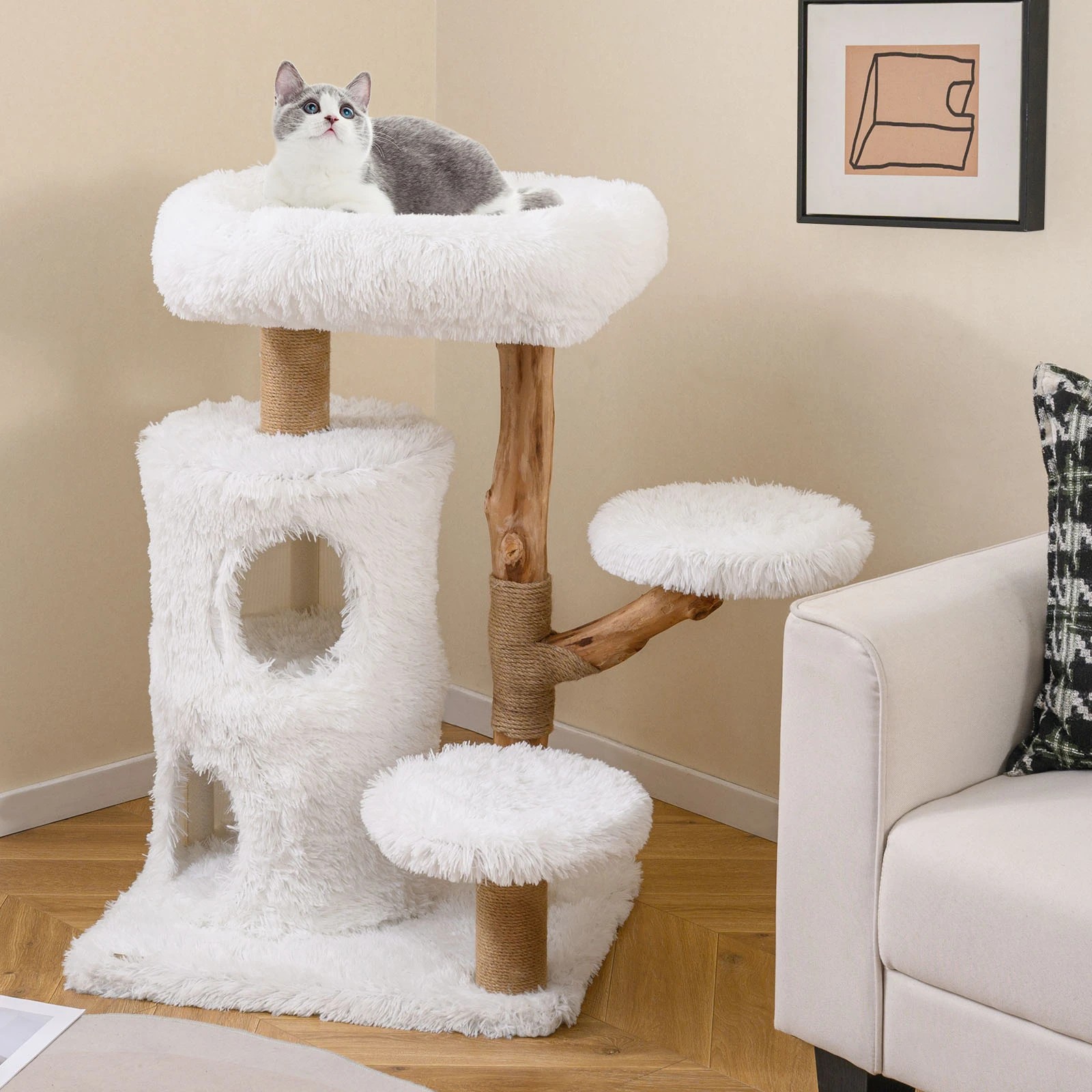 4 Costway 93cm Modern Cat Tree w/Real Wood Branches Pet Kitty Activity Center, 4 of 5
