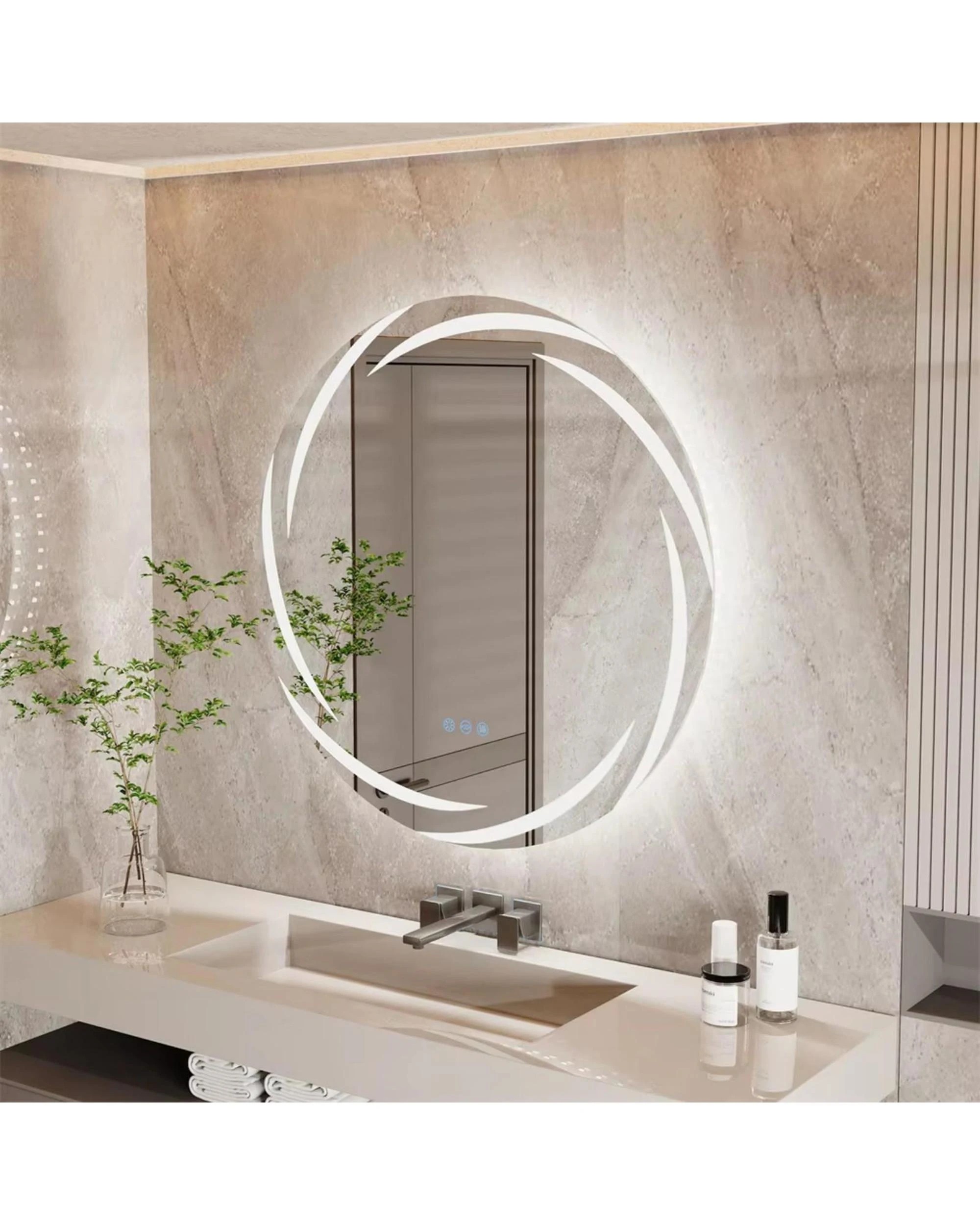3 OAKORY 80cm Round LED Bathroom Mirror Swirl Style Backlit Dimmable 3-Colour Light Anti-Fog Memory Function, 3 of 4