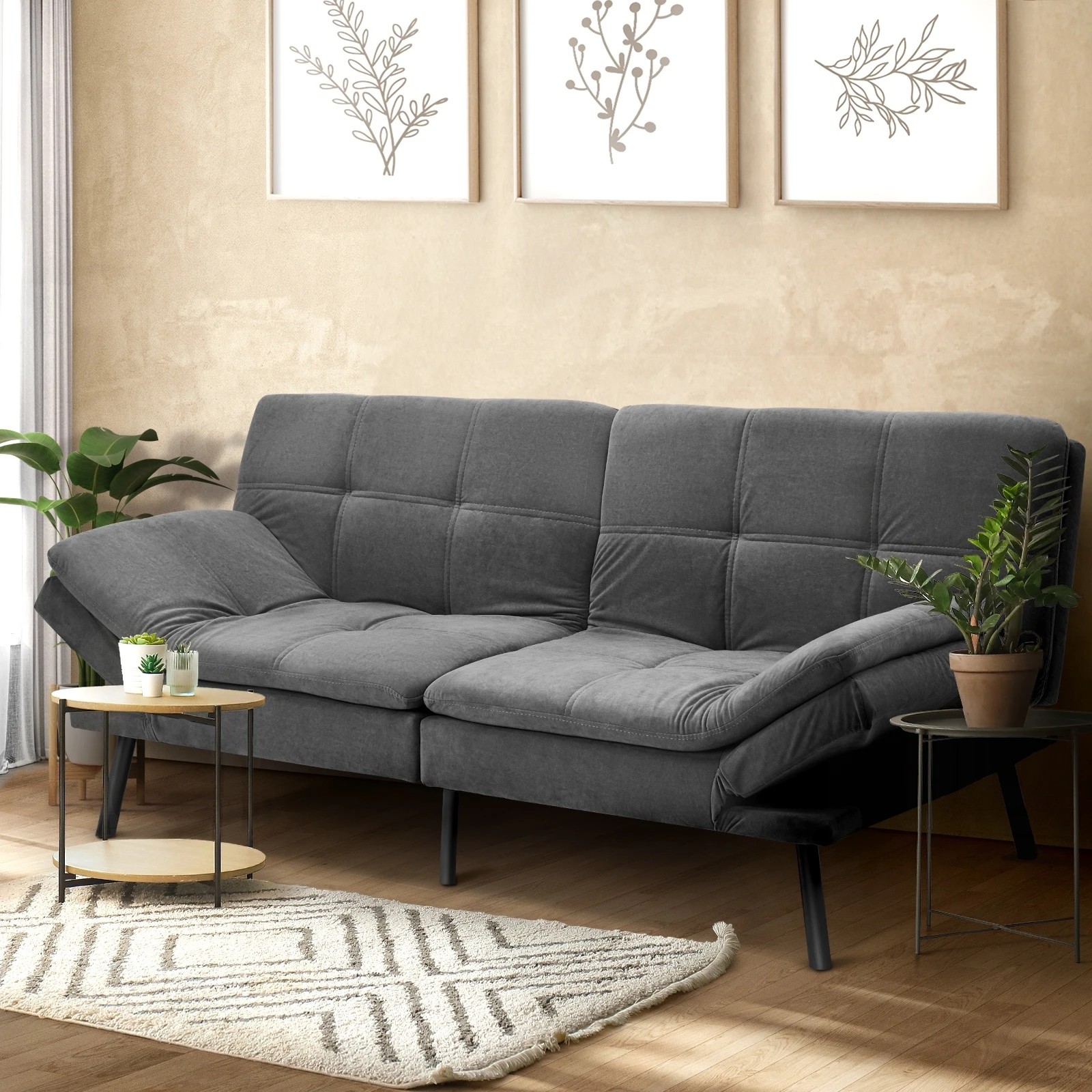 2 Oikiture Sofa Bed Futon Convertible Velvet Lounge Couch 3-seater Recliner
 - Grey, 2 of 10
