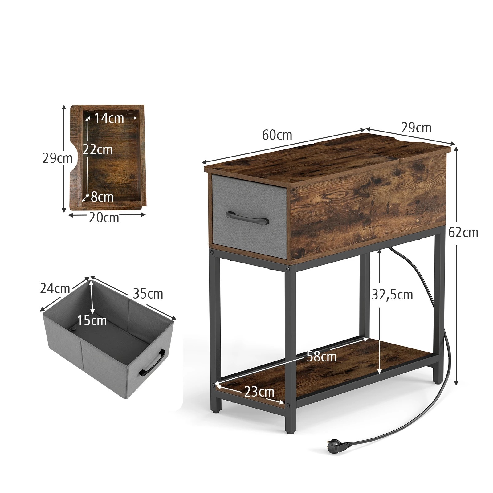 2 Costway Industrial End Side Table w/Charging Station LED Narrow Nightstand, 2 of 3