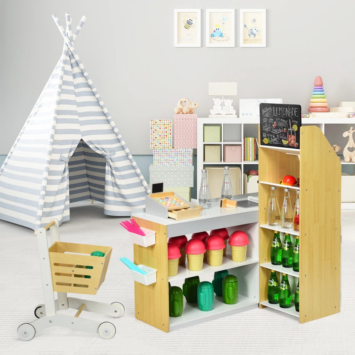 2 Costway Pretend Play Supermarket Cash Register Shopping Trolley, 2 of 2