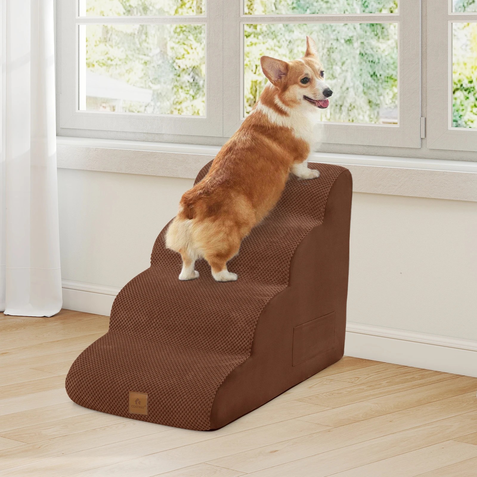 3 Costway 4-Step Dog Ramp Foam Pet Stair w/Storage Pocket & Handle - Brown, 3 of 5