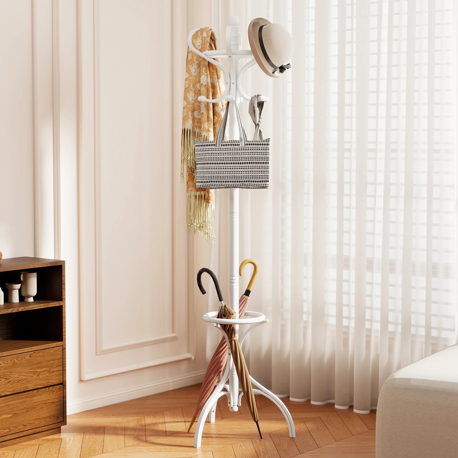 3 Costway 180CM Wood Coat Rack Hat Stand Clothes Hanger w/Umbrellar Holder & 12 Hooks Entryway - White, 3 of 3