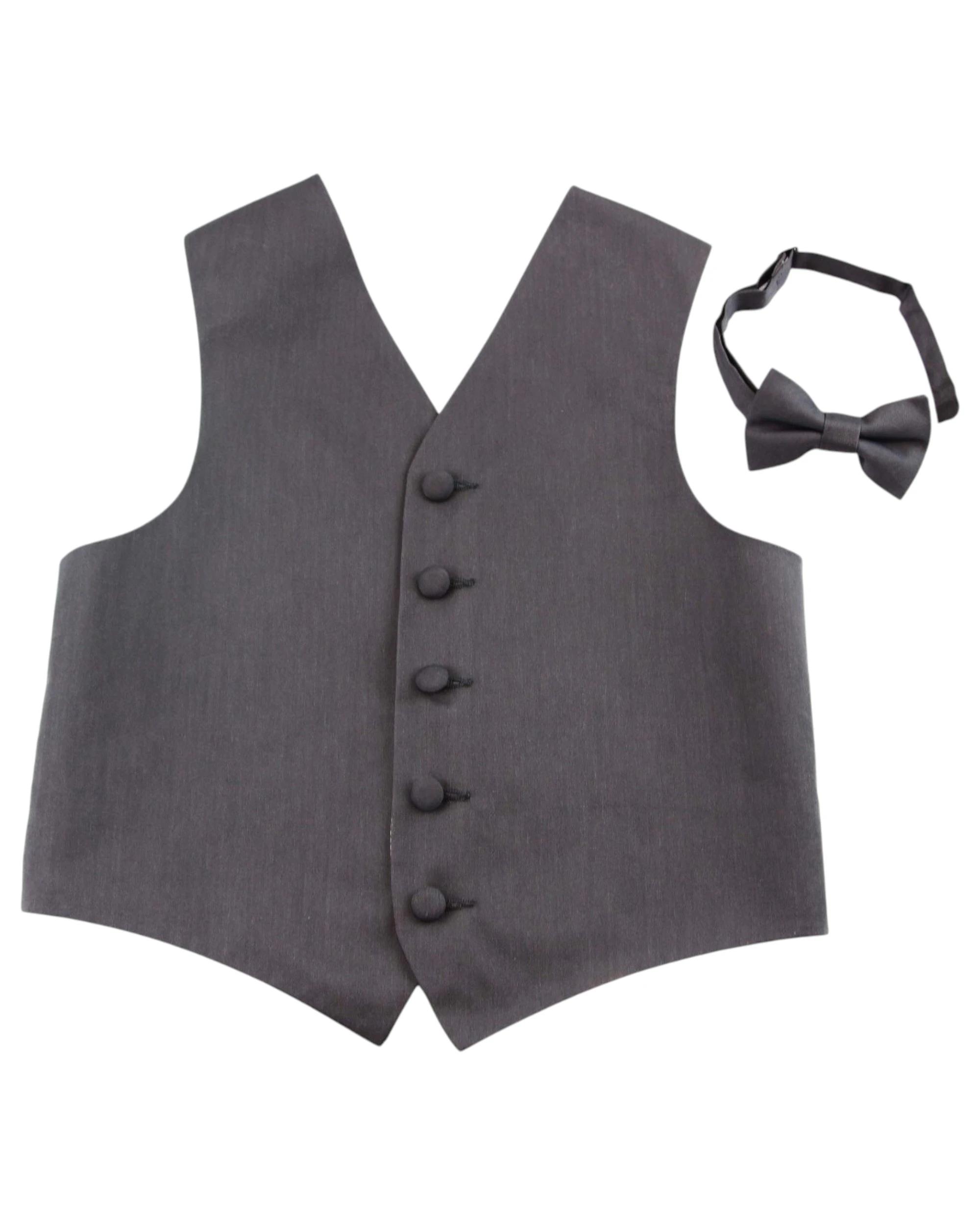 1 Zasel Boys Junior Cotton Vest Adjustable Waistcoast & Matching Bow Tie Set DARK GREY, 1 of 7