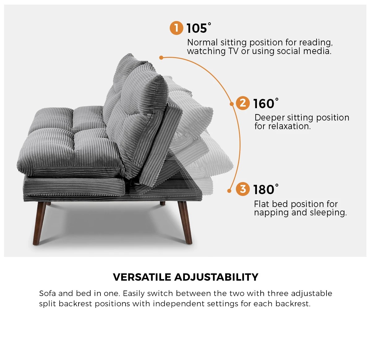5 Oikiture Sofa Bed Recliner Lounge Couch Corduroy - Grey, 5 of 9