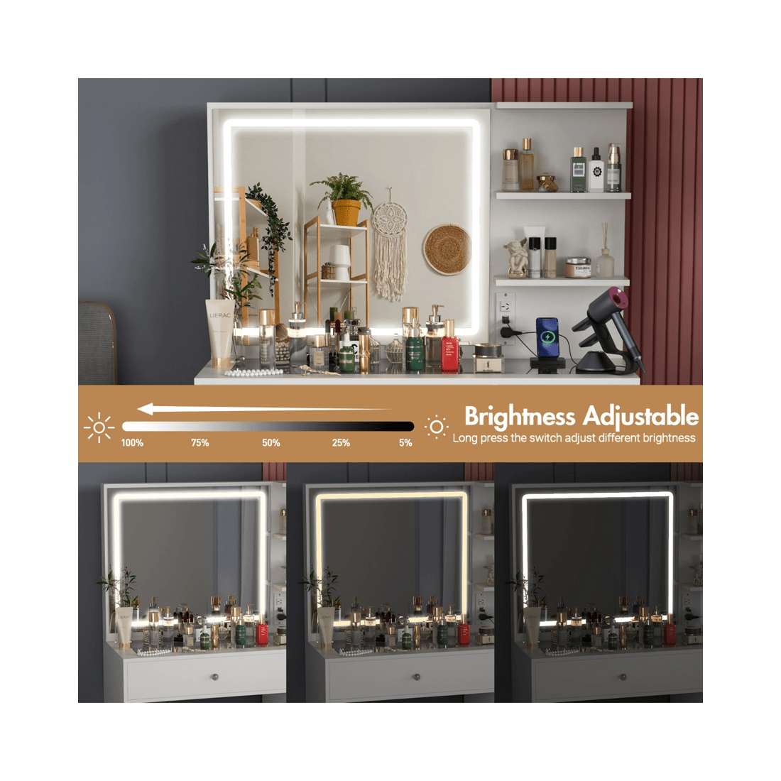 6 Advwin Dressing Table Stool Set Charging Station Lights Glass Tabletop Vanity Desk, 6 of 10