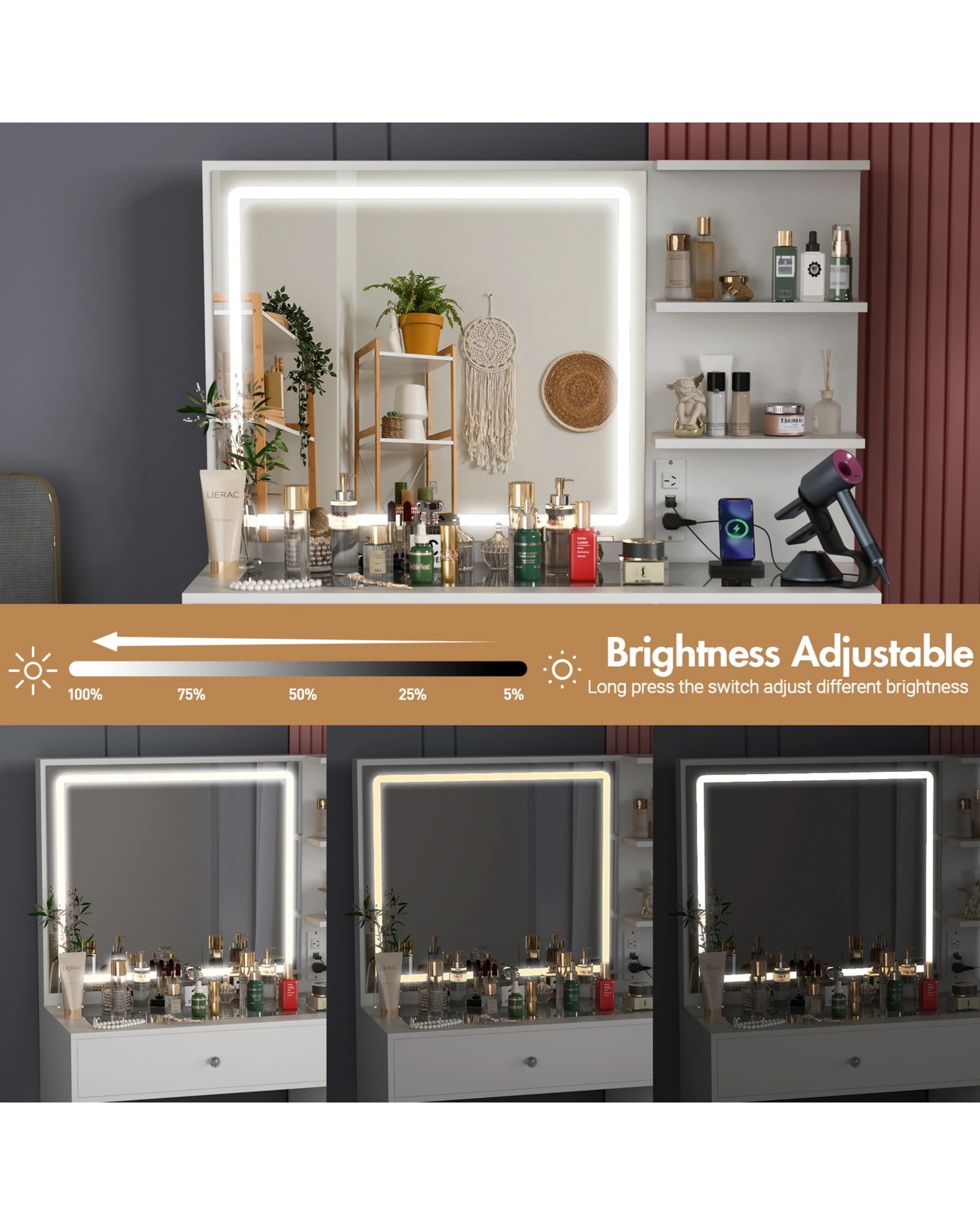 6 Advwin Dressing Table Stool Set Charging Station Lights Glass Tabletop Vanity Desk, 6 of 10