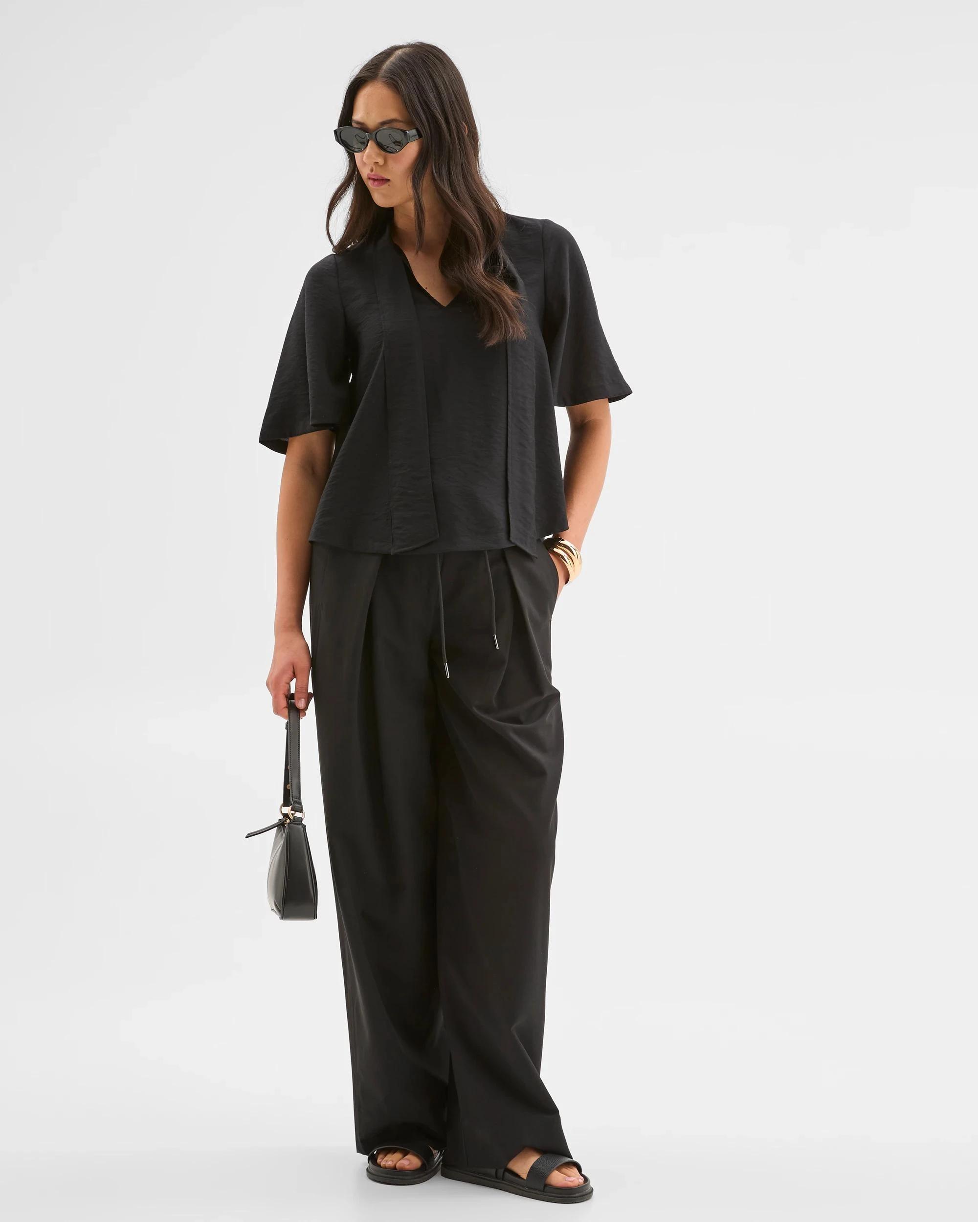 2 Preview Short Sleeve Tie Neck Blouse BLACK, 2 of 9