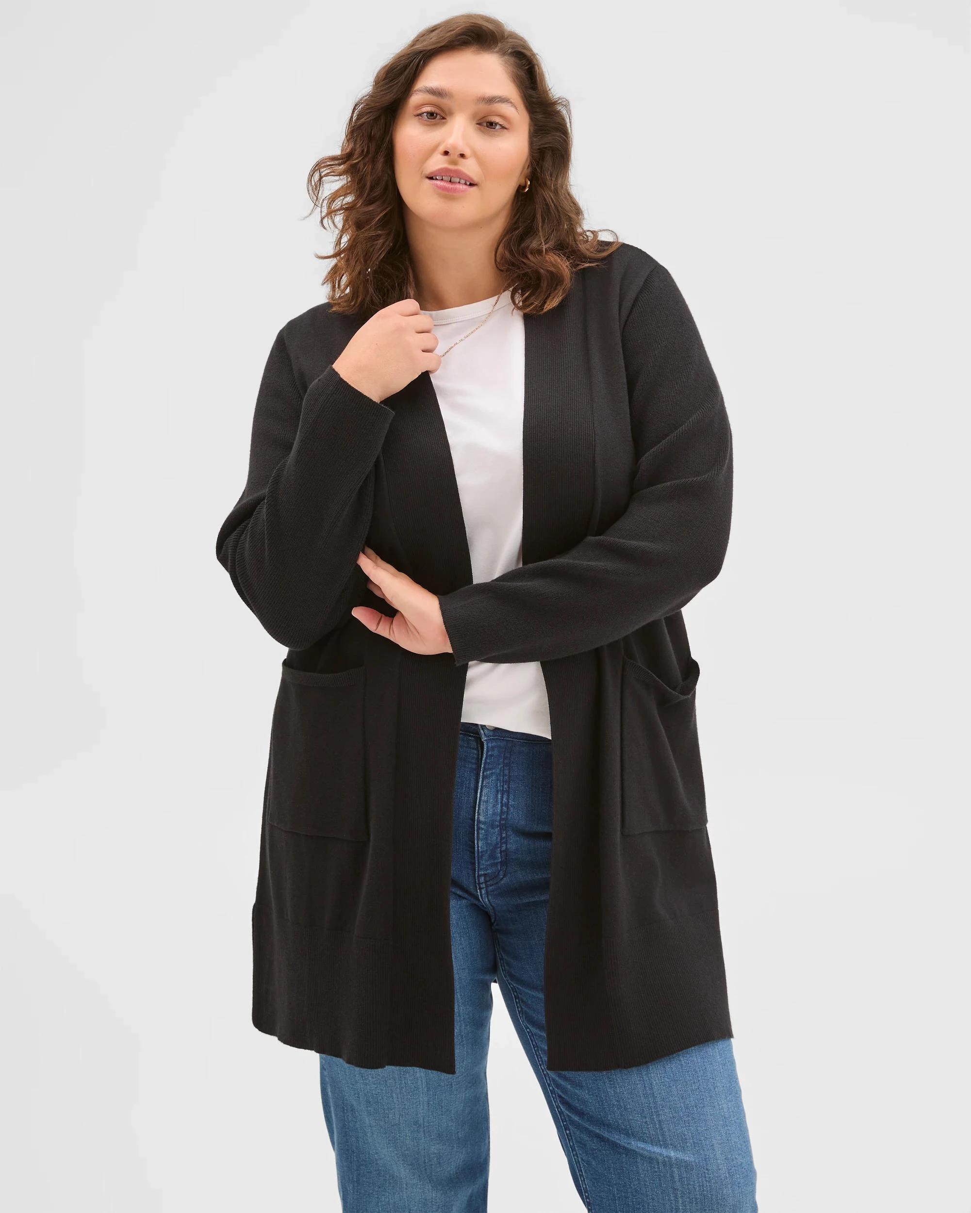 2 Target Curve Curve Australian Cotton Blend Edge To Edge Longline Rib Cardigan BLACK, 2 of 6