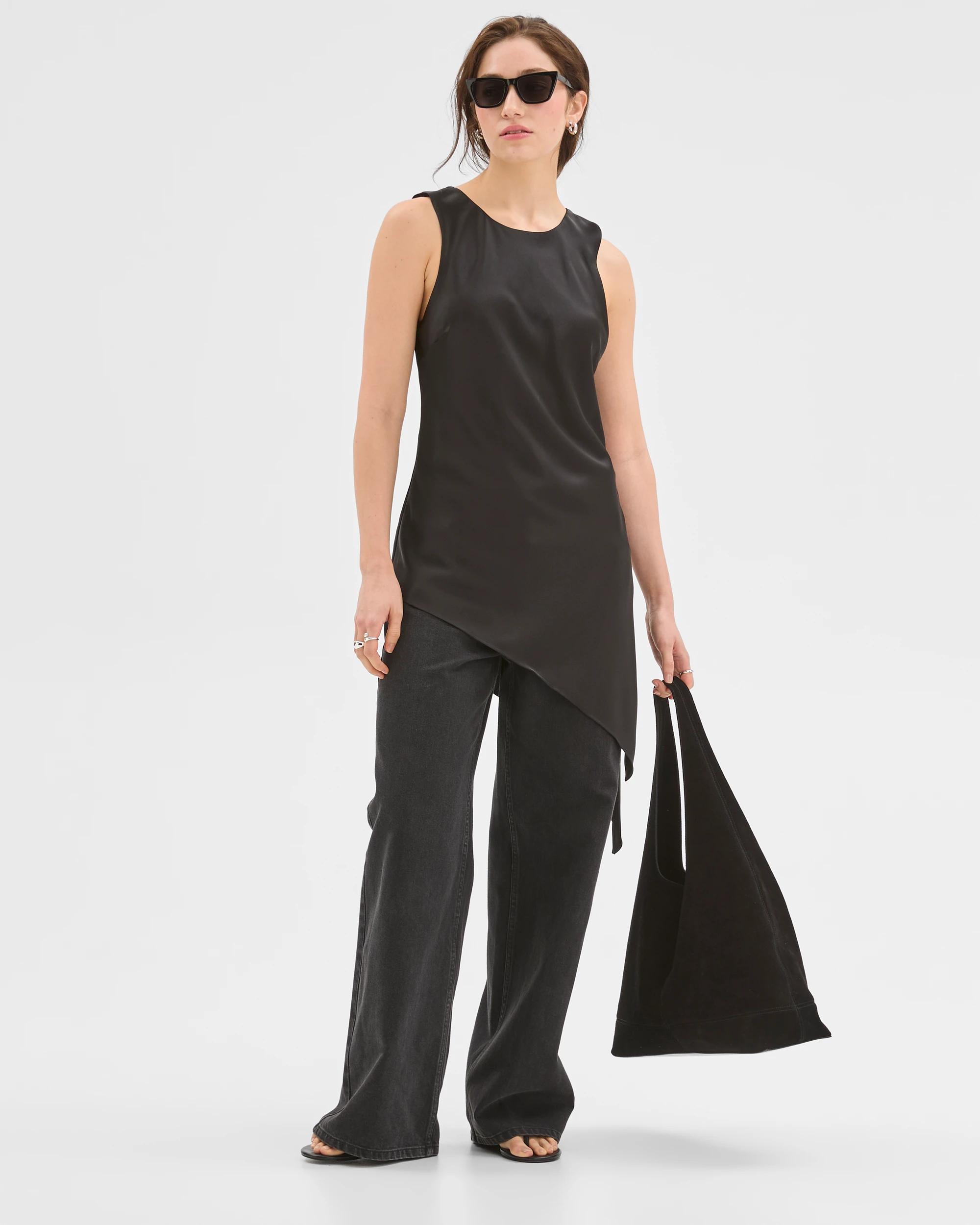 1 Lily Loves Asymmetrical Satin Tank Top BLACK, 1 of 7