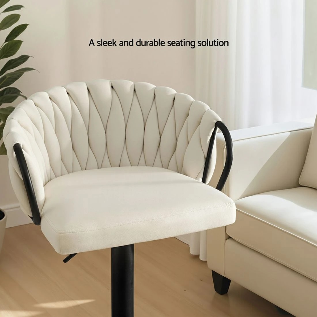 5 Artiss 1x Bar Stool Single Kitchen Dining Chair Counter Stool Woven Velvet Ivory - Beige, 5 of 6