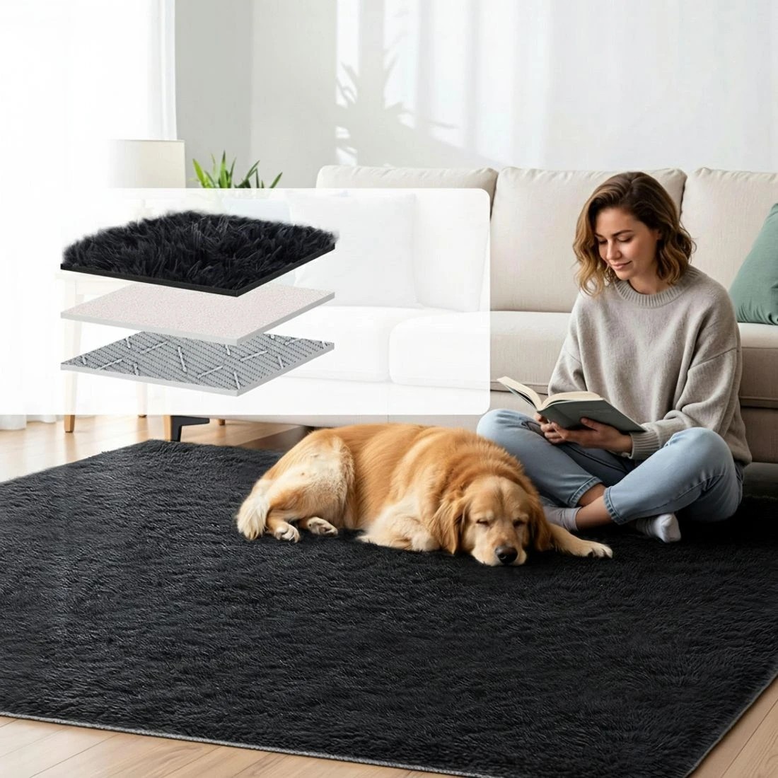 4 Artiss Floor Rug 200x230cm Plush Area Shaggy Rug Living Room Bedroom Carpet - Black, 4 of 9