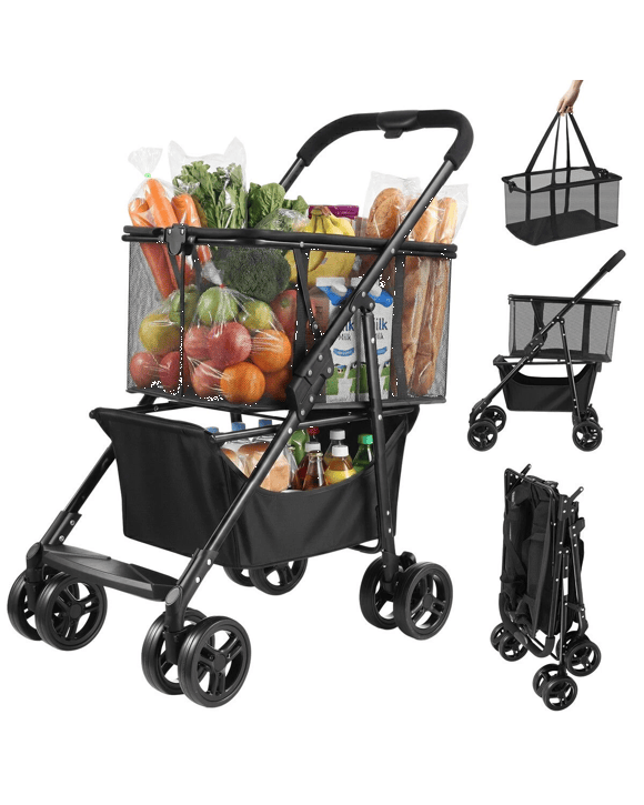 AUSWAY 2 Tier Foldable Shopping Trolley with Wheels Collapsible Grocery Utility Cart Rolling Market Travel