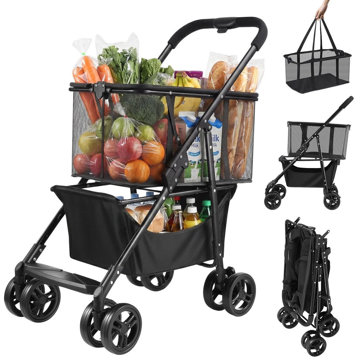 1 AUSWAY 2 Tier Foldable Shopping Trolley with Wheels Collapsible Grocery Utility Cart Rolling Market Travel, 1 of 6