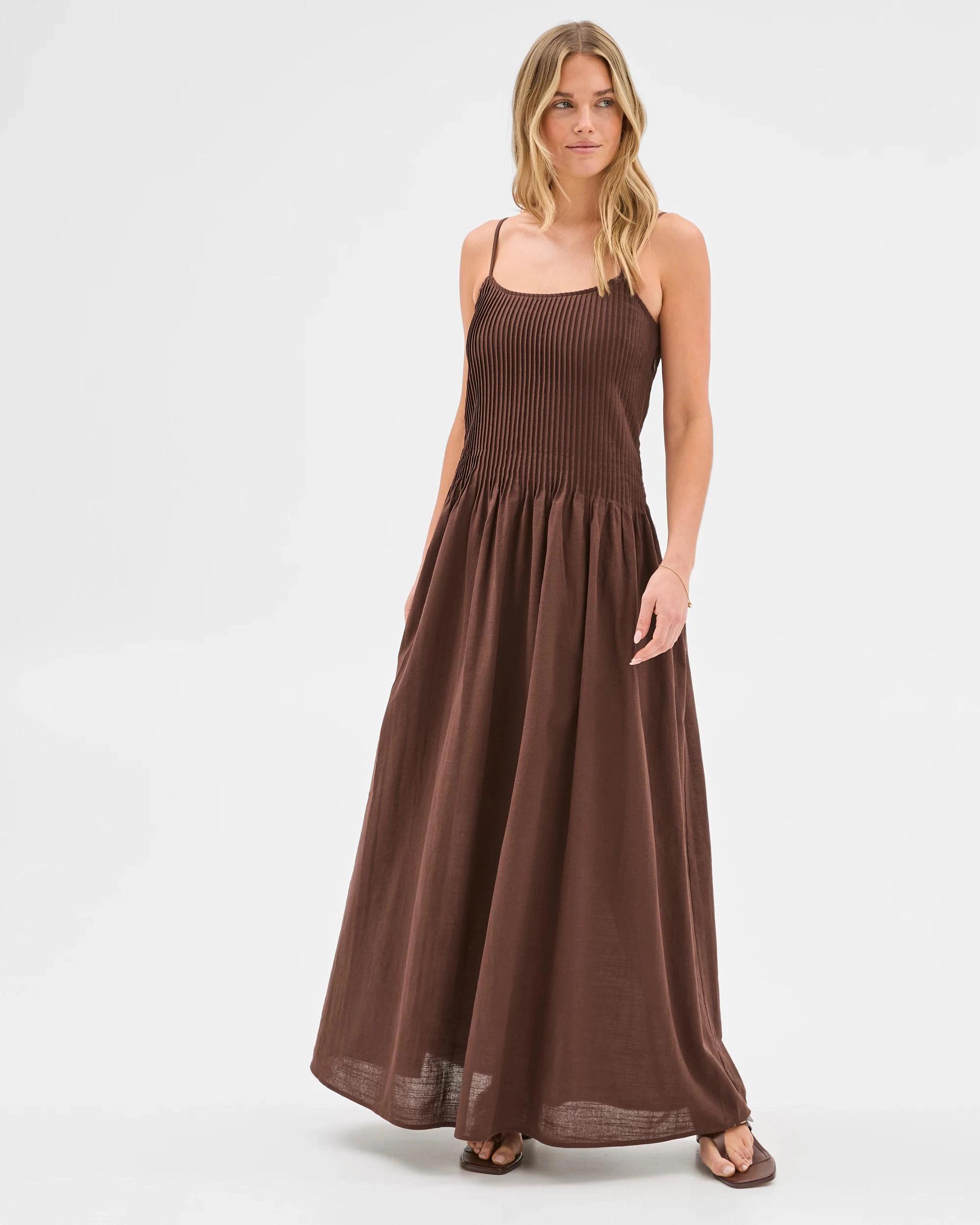 1 Australian Cotton Woven Pintuck Maxi Dress - Lily Loves SHAVED CHOCOLATE, 1 of 8
