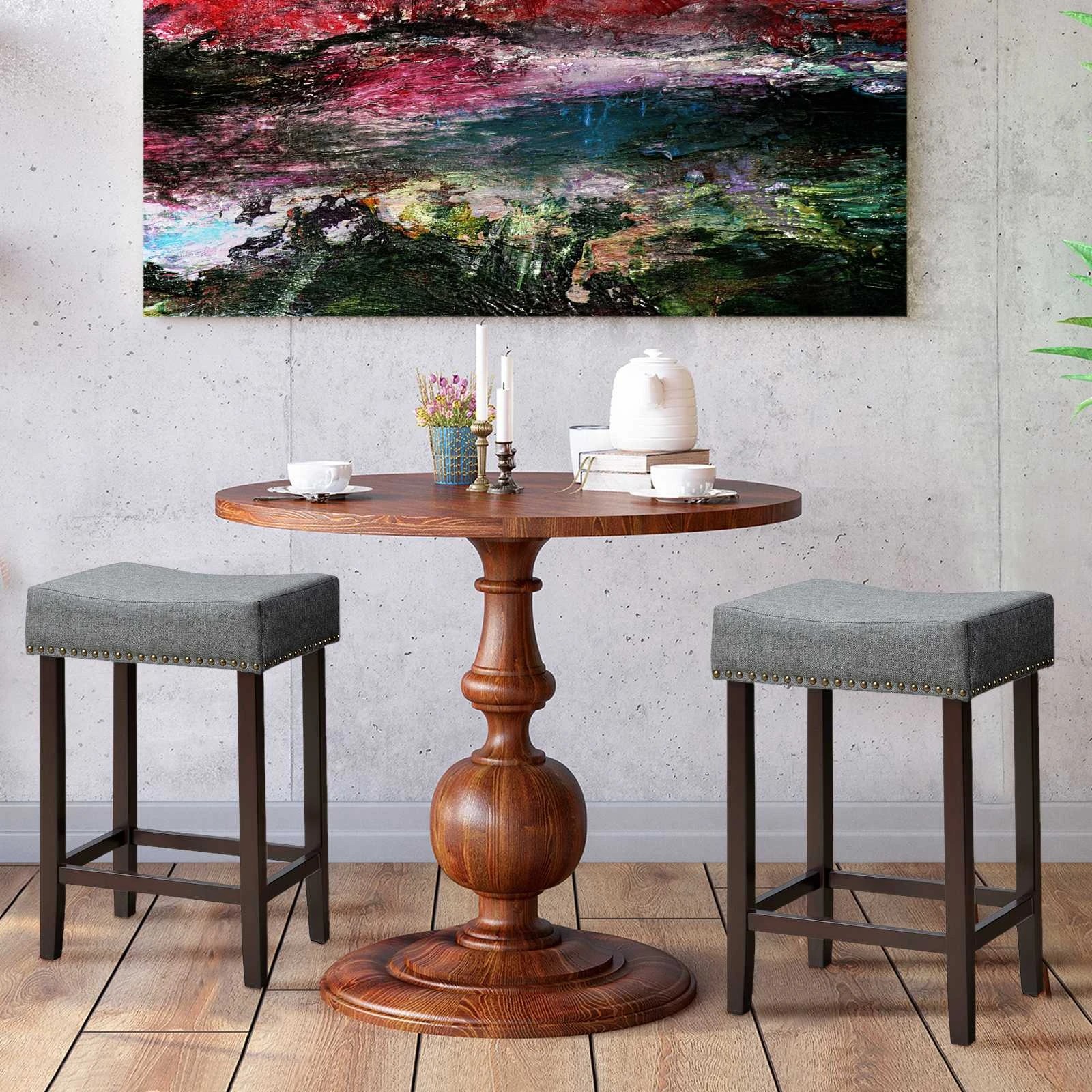 2 Costway 2x Saddle Bar Stool Padded Accent Nail Head Barstools Kitchen Height Counter Chair - Grey, 2 of 4