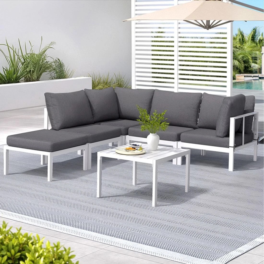 1 Gardeon 6pcs Outdoor Sofa Set Aluminium Table And Chairs Lounge Patio Furniture
 - White, 1 of 5