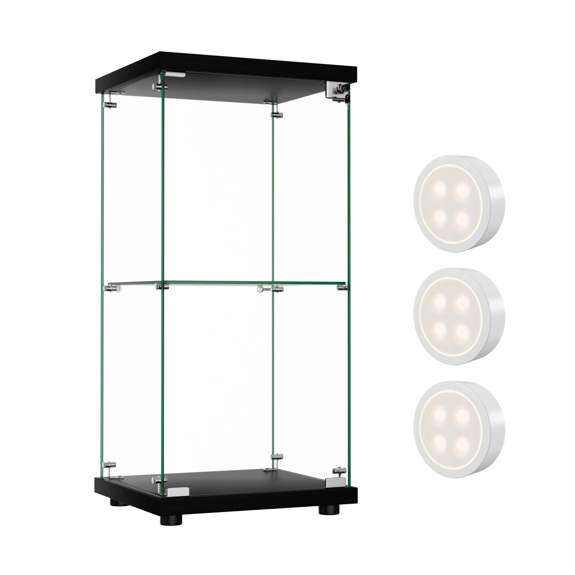 1 Stacked Display Cabinet 2-Tier Glass Door with LED lights - Black, 1 of 9