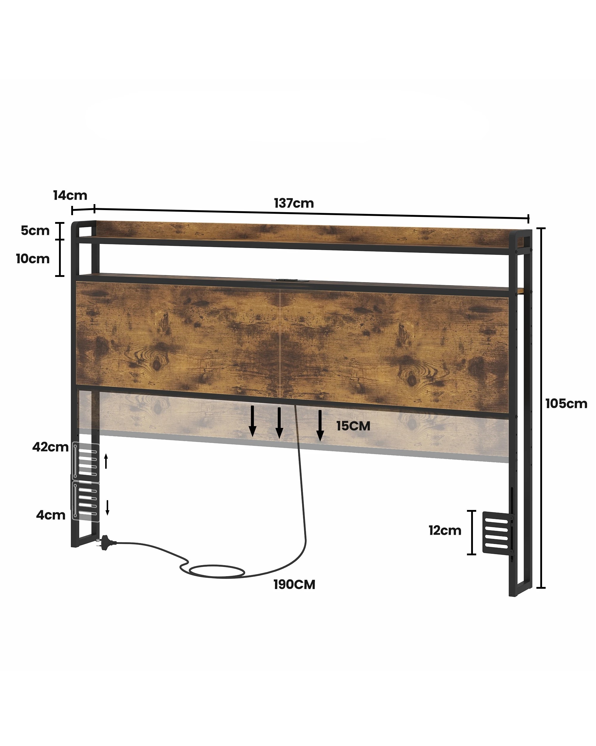 3 Advwin Double Size Storage Headboard with LED Light Charging Station - Brown, 3 of 5