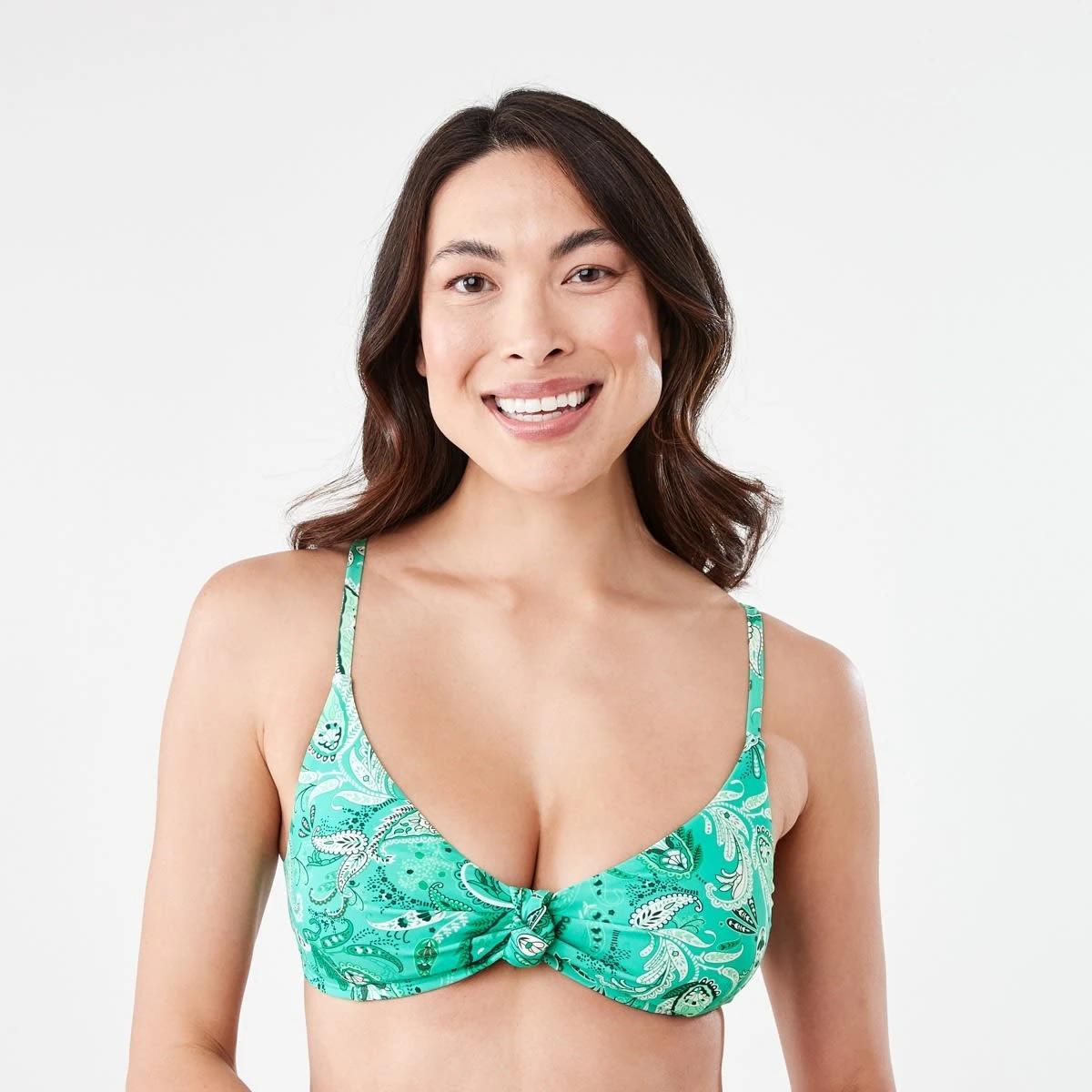 1 Knot Front Tri Bikini Top GREEN PAISLY CABANA GREEN, 1 of 7