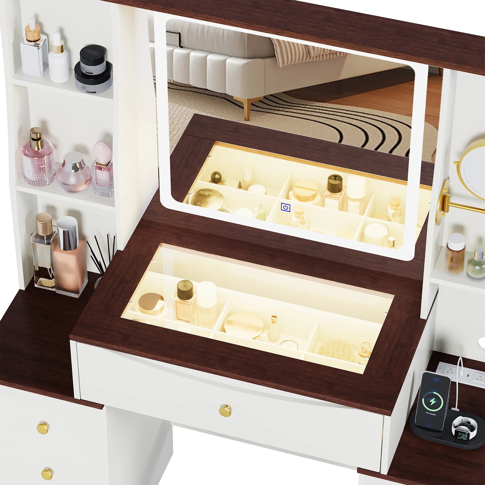 4 Advwin LED Vanity Desk with Mirror and Charging Hub - White, 4 of 10