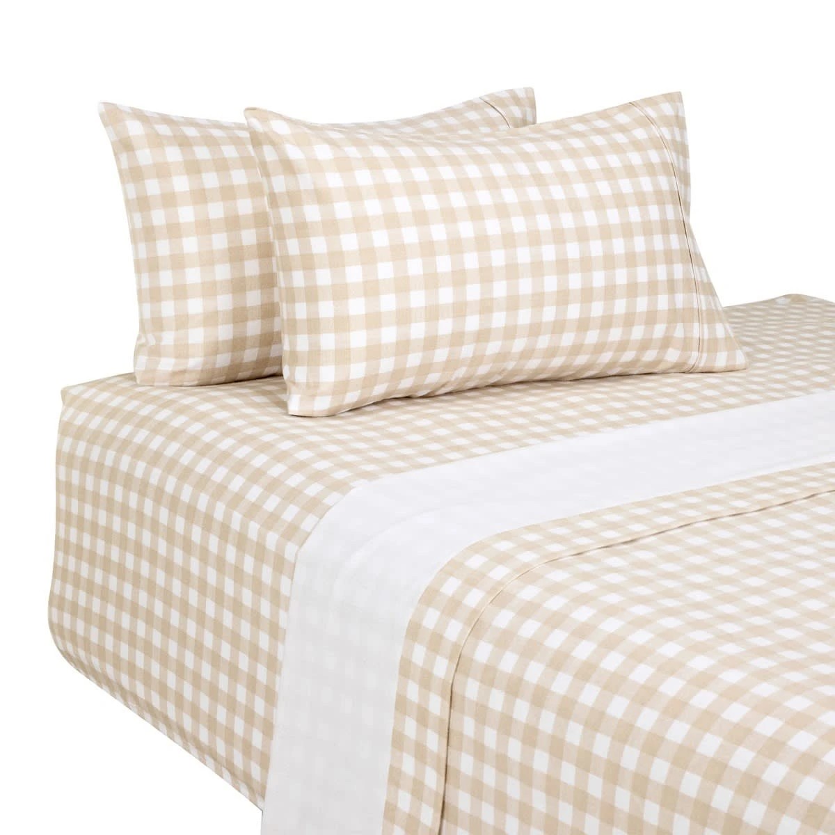 5 Gingham Cotton Flannelette Sheet Set - Double Bed, Tan, 5 of 7