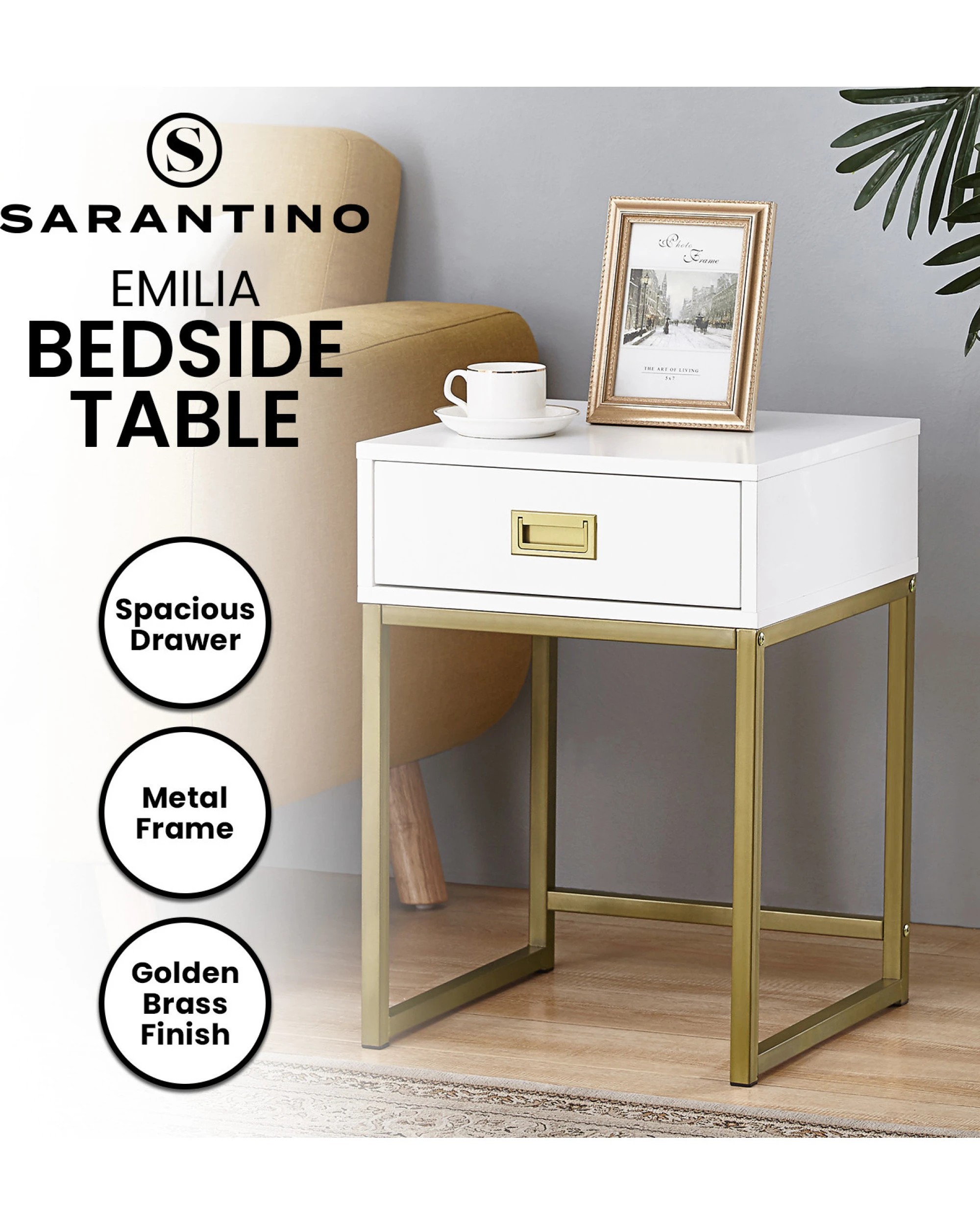 9 Sarantino Emilia Bedside Table Night Stand - White Gold, 9 of 9