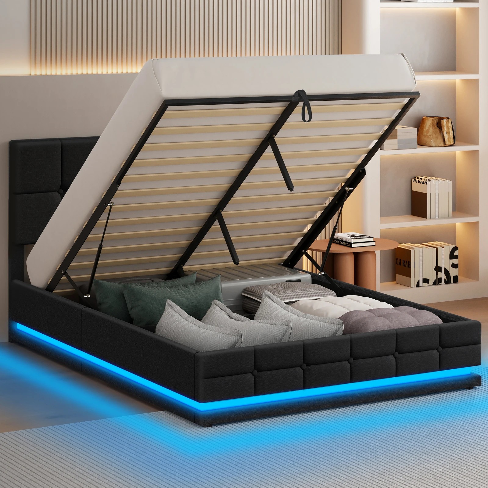 4 Alfordson Bed Frame Double Size Platform RGB LED Gas Lift Base Storage - Charcoal, 4 of 10