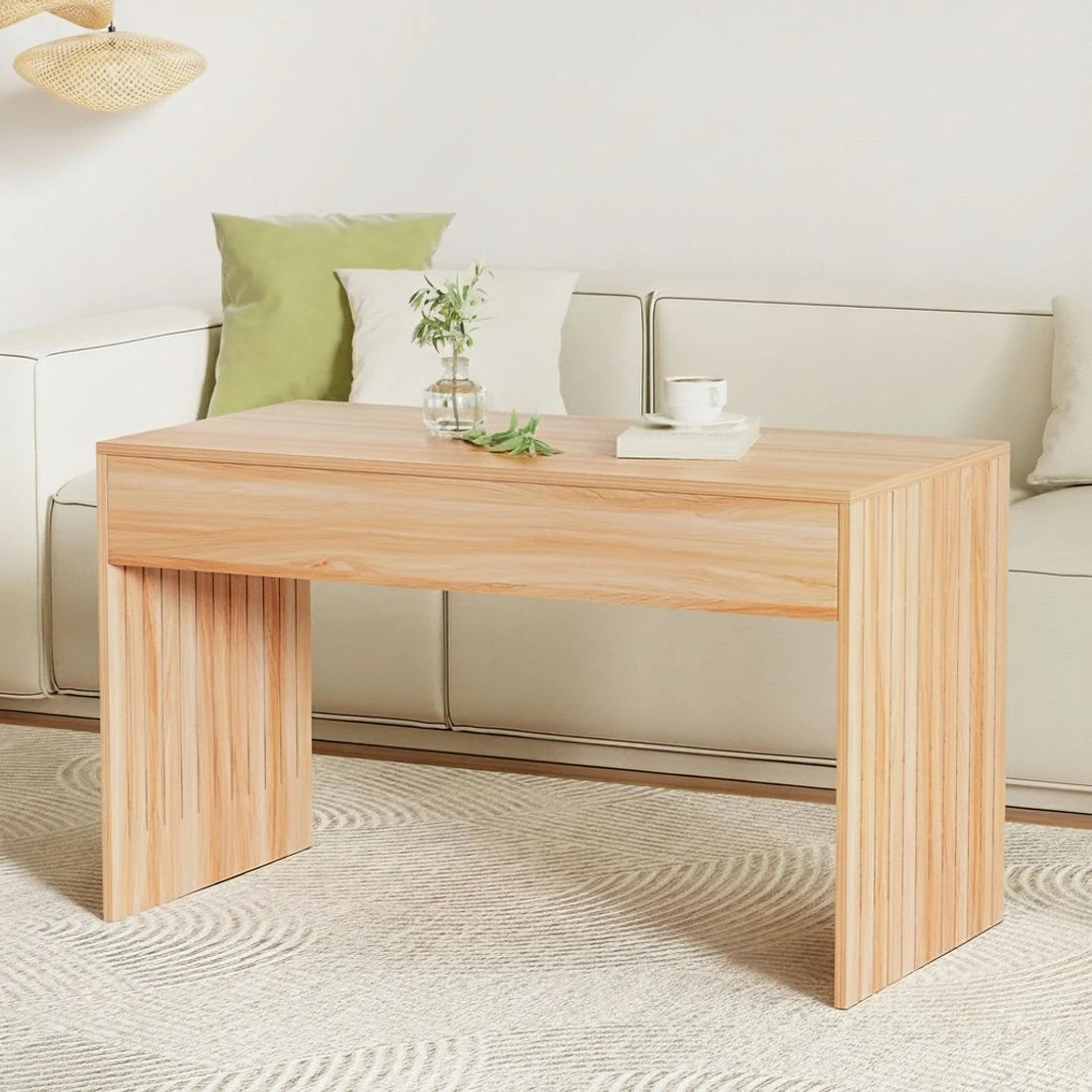 5 Artiss Coffee Table Rectangle Fluted Side 100CM - Natural, 5 of 6