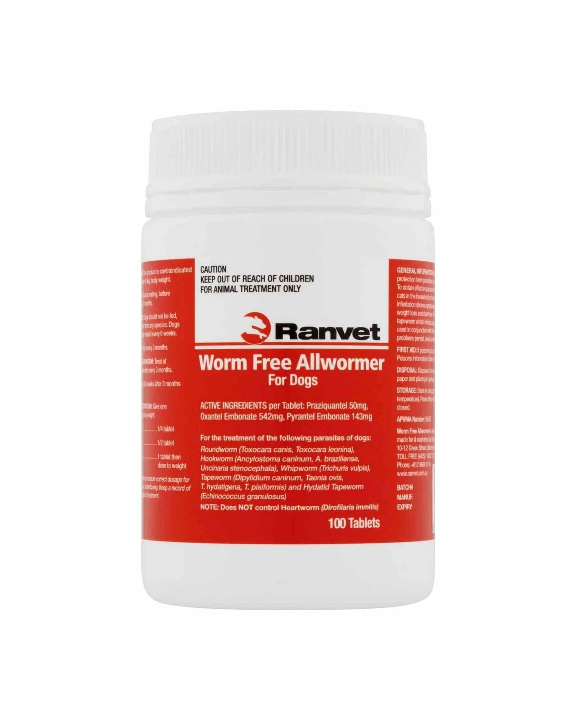 1 Ranvet Worm Free Dogs Allwormer Treatment Red 10kg 100 Tablets, 1 of 1