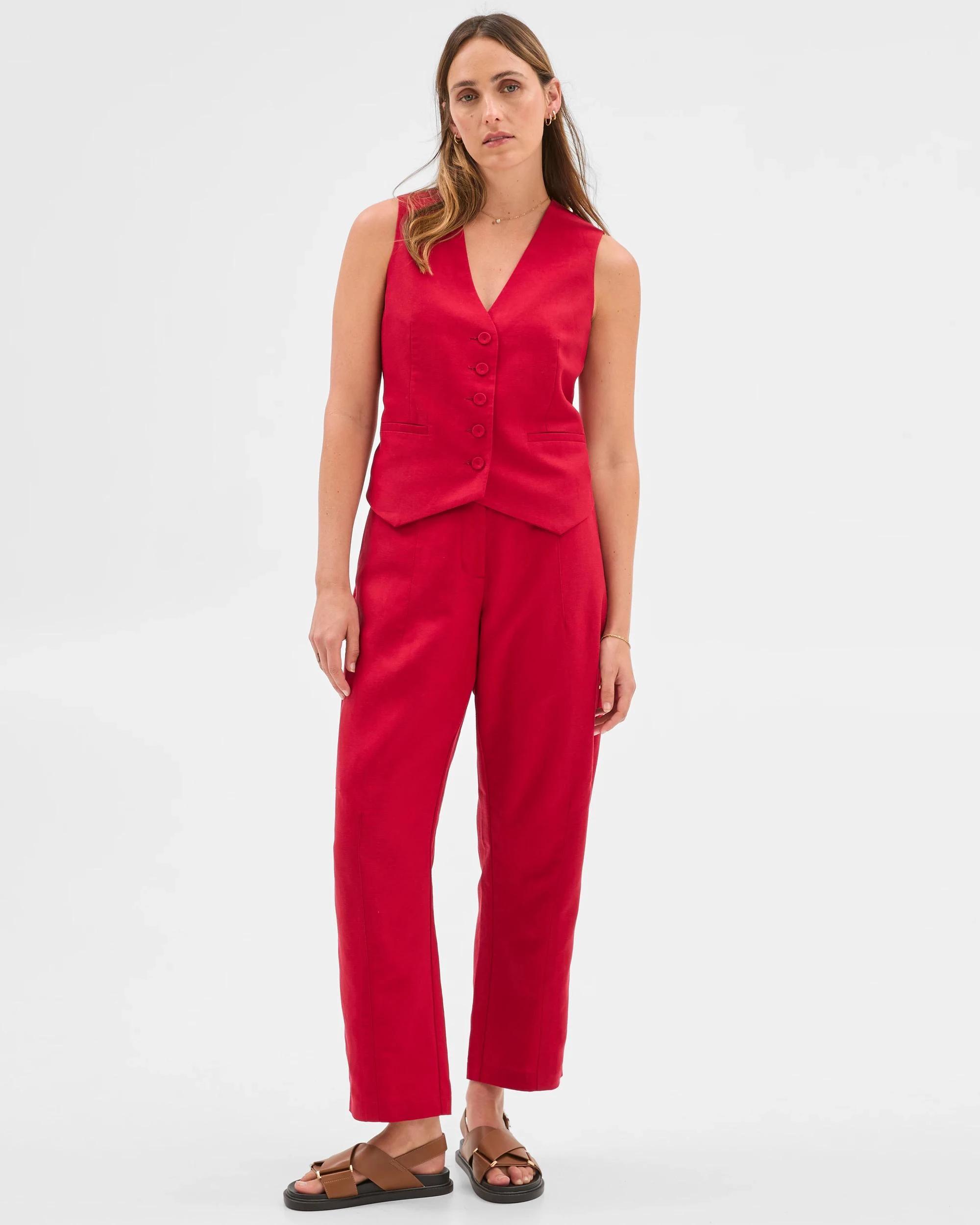 3 Preview Linen Blend Barrel Leg Pants CRIMSON, 3 of 6