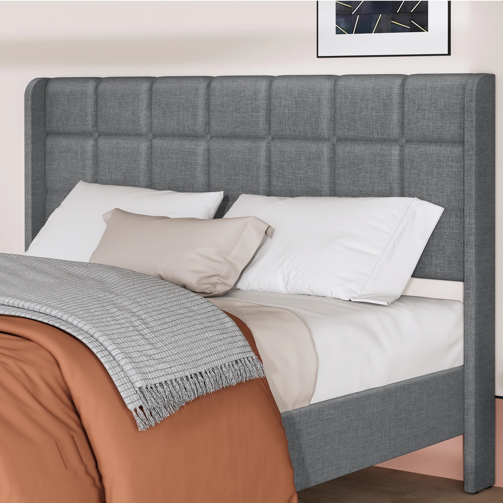 4 Alfordson Bed Frame Double Size Upholstered Wingback Base Fabric Sarah - Grey, 4 of 9