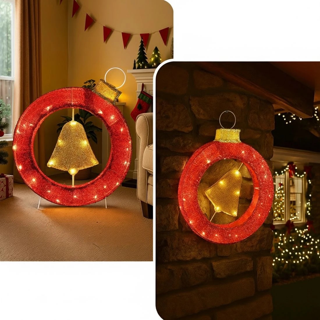 6 Jingle Jollys Christmas Lights 60cm Motif 30 LED Bell Wreath Xmas Decorations - Multi - Multi, 6 of 8