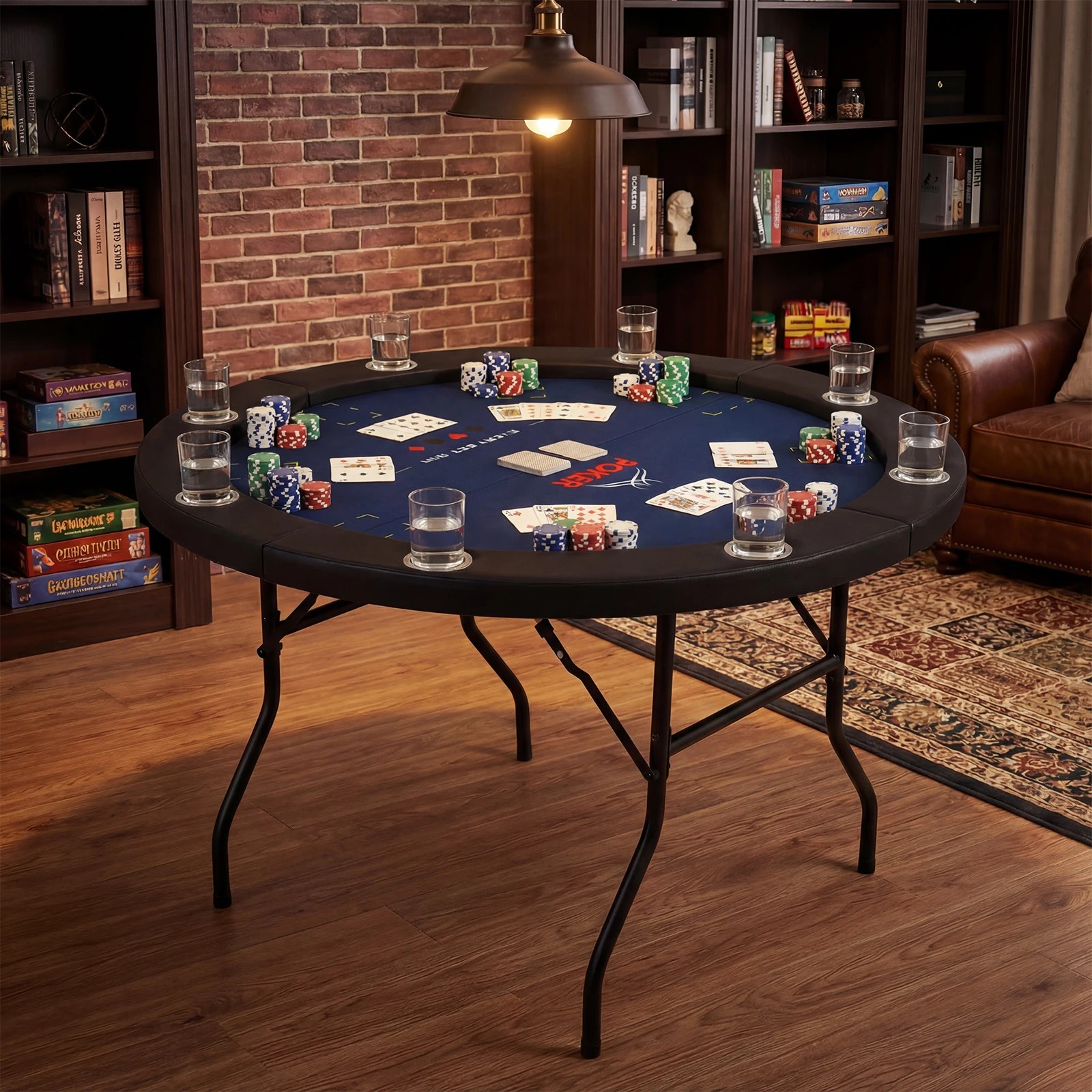2 Costway 122cm Folding Poker Table Round Casino Leisure Texas Holdem Game Play Table for 8 Players - Blue, 2 of 3