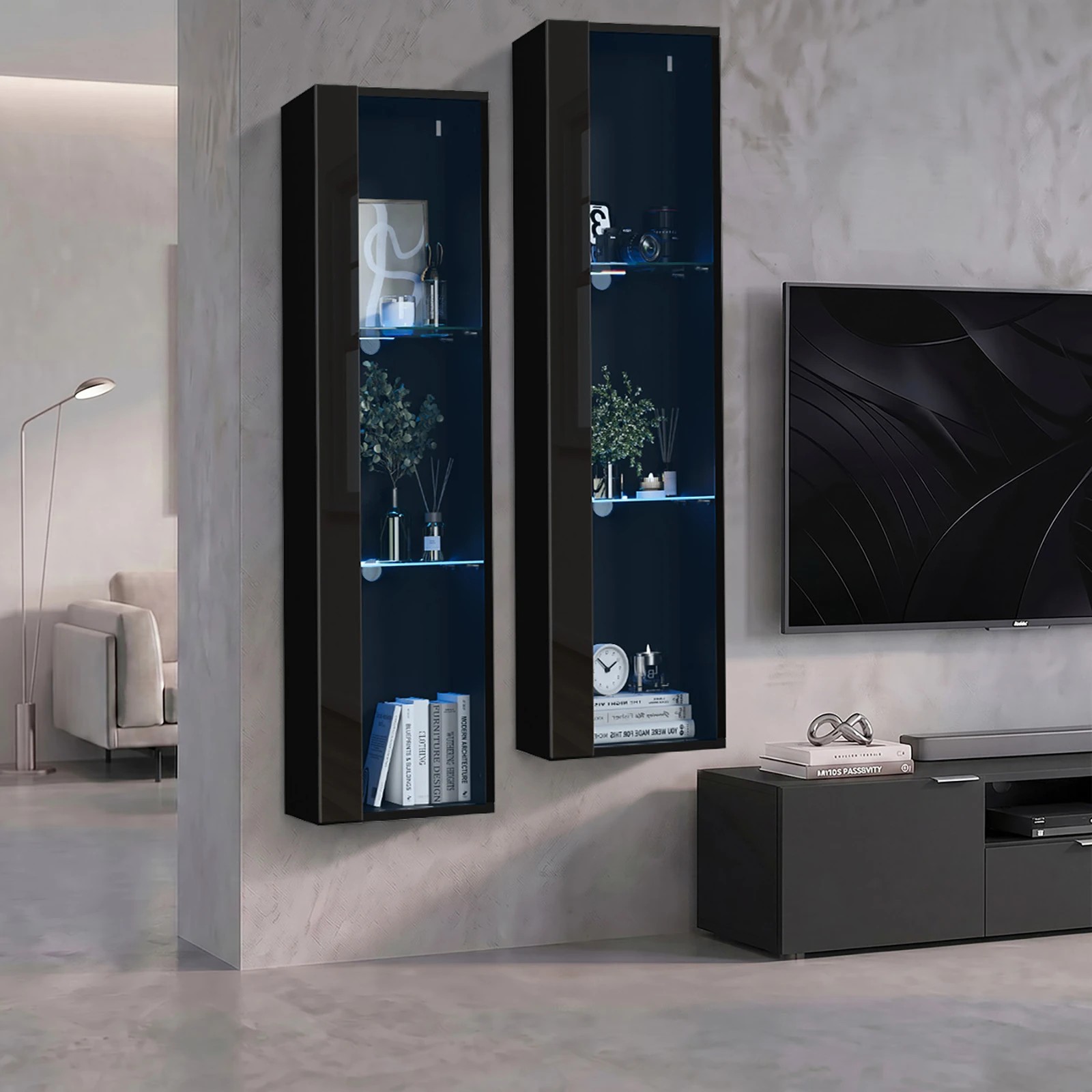 4 Oikiture 2PCS LED Display Cabinet Wall Mounted Storage Cupboard Cabinet - Black, 4 of 8