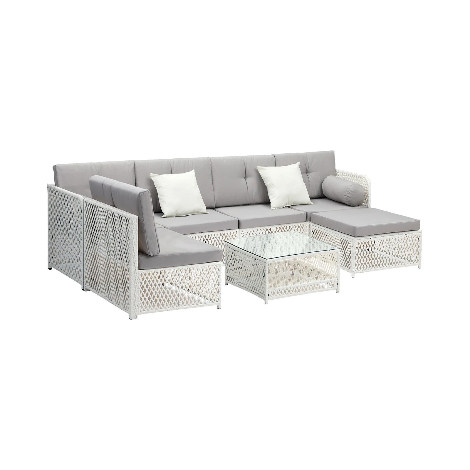 1 Livsip Outdoor Sofa Set 6 Seater Wicker Lounge Setting - White, 1 of 8