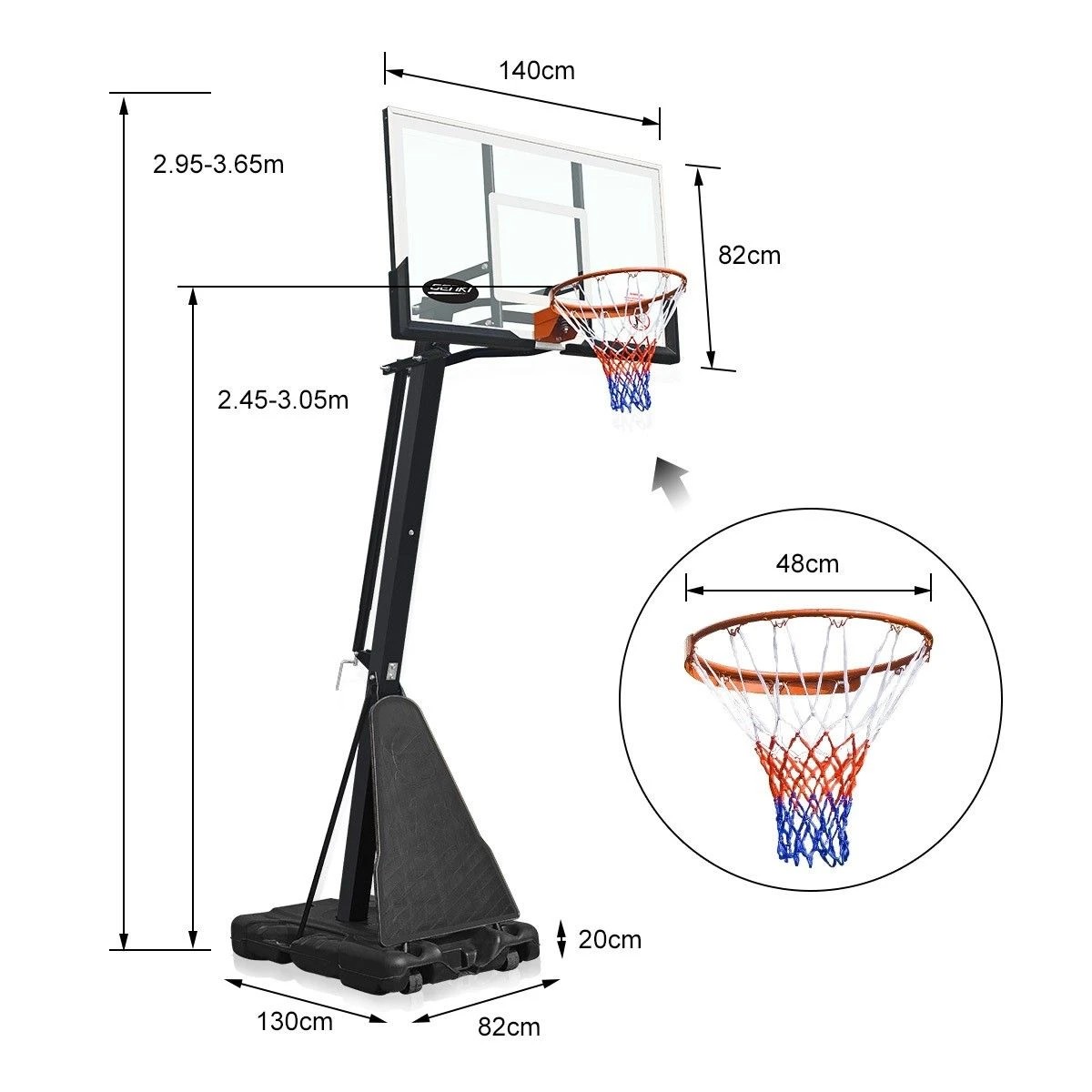 2 Ausway 2.45m 3.05m Height Adjustable Portable Basketball System, 2 of 4