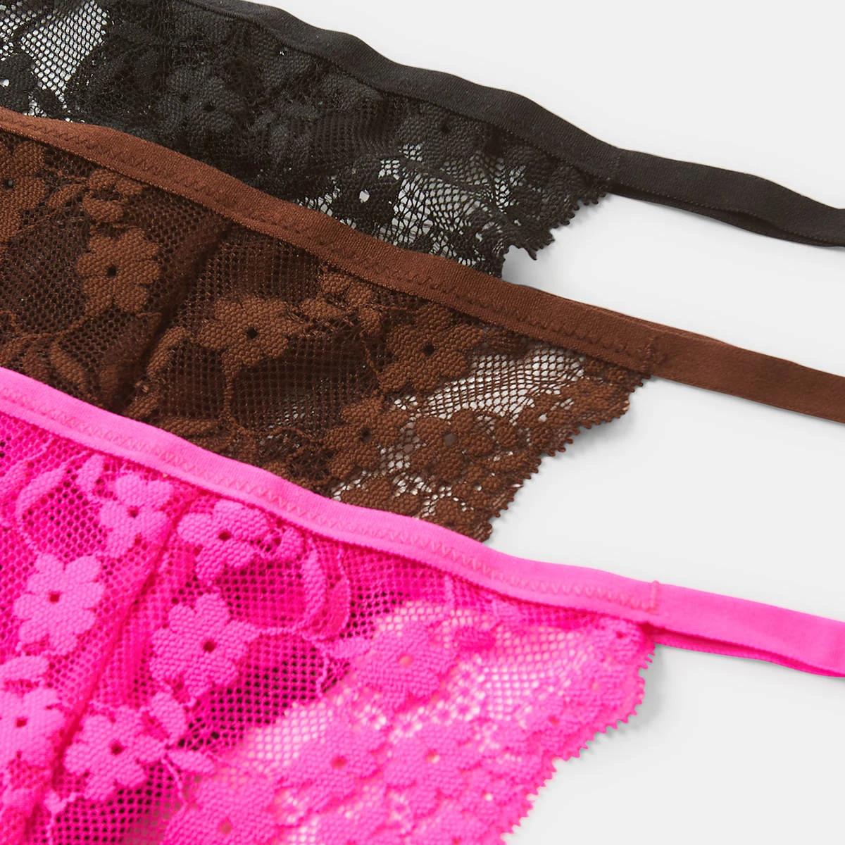 3 3 Pack Lace G-String Briefs BLACK, HIBISCUS PINK, CHOCOLATE, 3 of 8