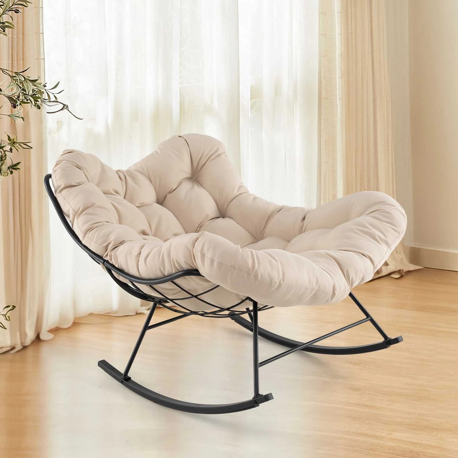 3 Costway Patio Rocking Chair Papasan Chair w/Padded Cushion Lounge Chair - Beige, 3 of 3