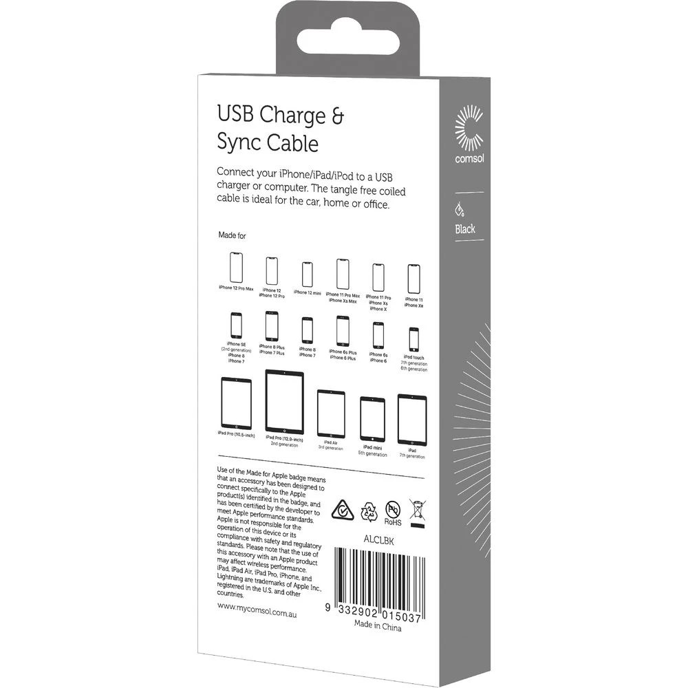 2 Comsol Lightning to USB Cable Coiled 1.2m Black, 2 of 3