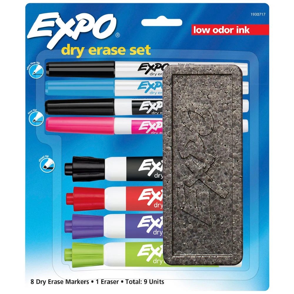 1 Expo Low Odour Dry Erase Whiteboard Markers Assorted 9 Pack, 1 of 3