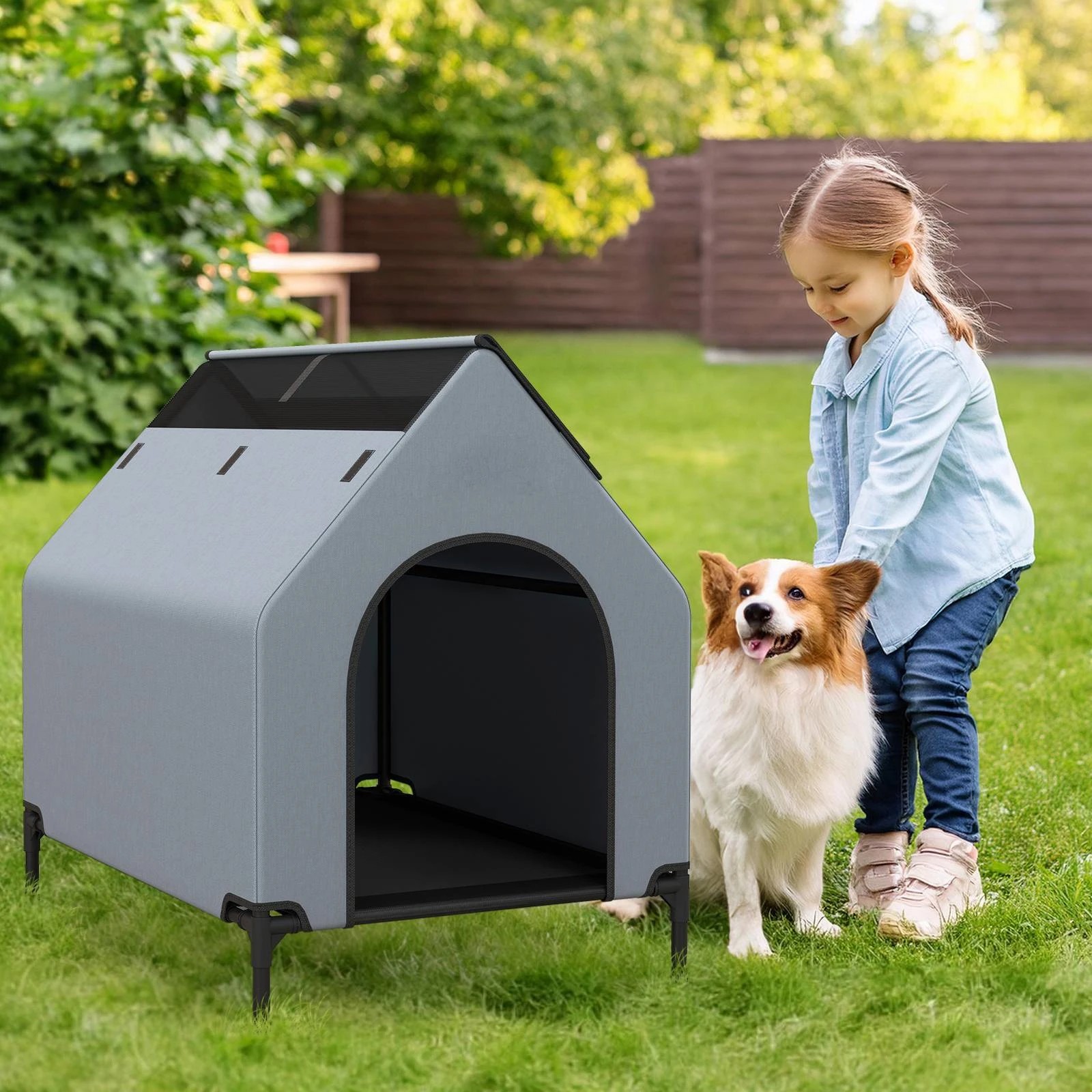 1 Costway Elevated Dog Kennel House w/Elevated Mesh Bed Outside Pet Shelter 90x64.5x85.5cm - Grey, 1 of 2