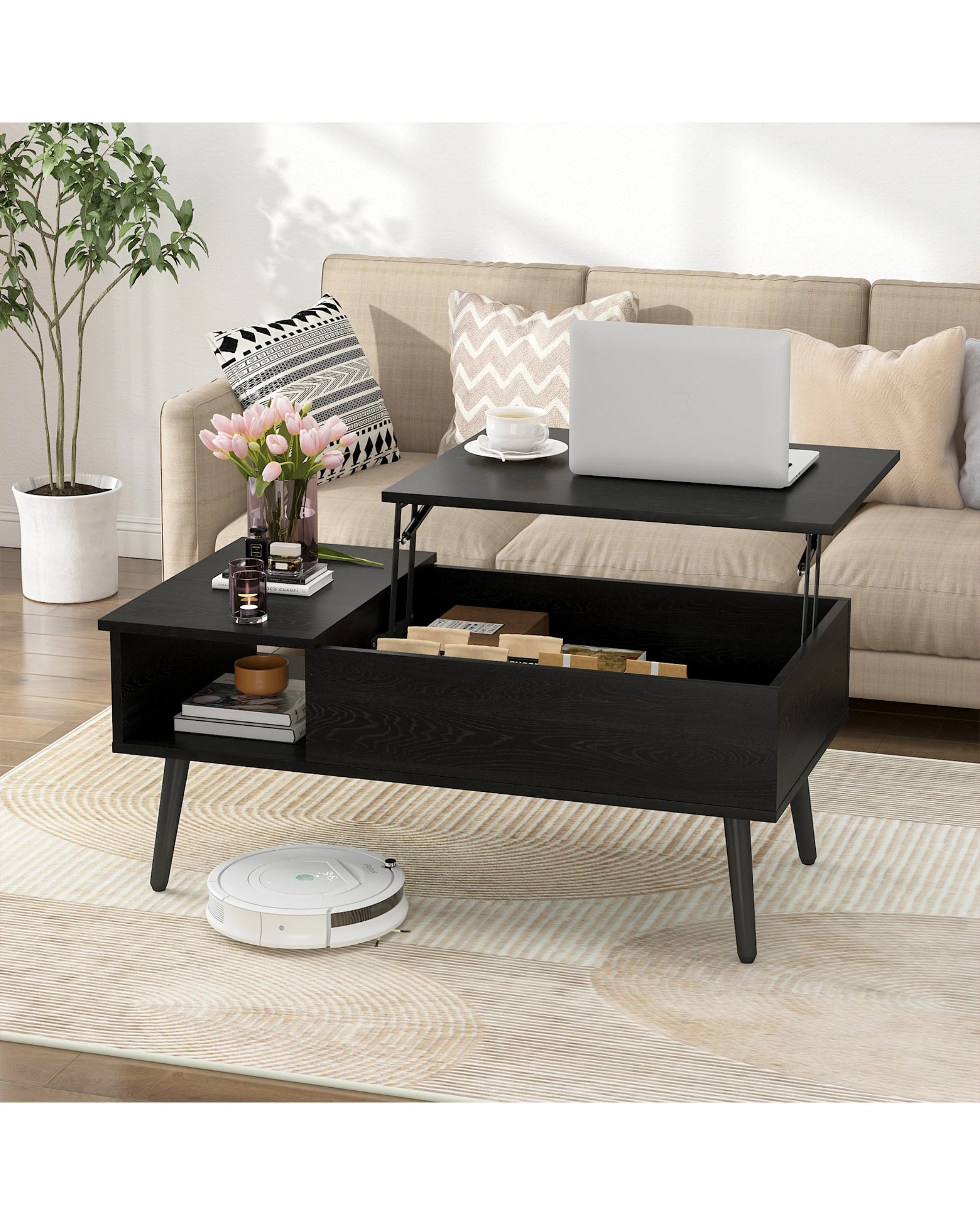 3 Advwin Lift Up Top Coffee Table Side Table w/ Hidden Storage & Shelf Black, 3 of 8