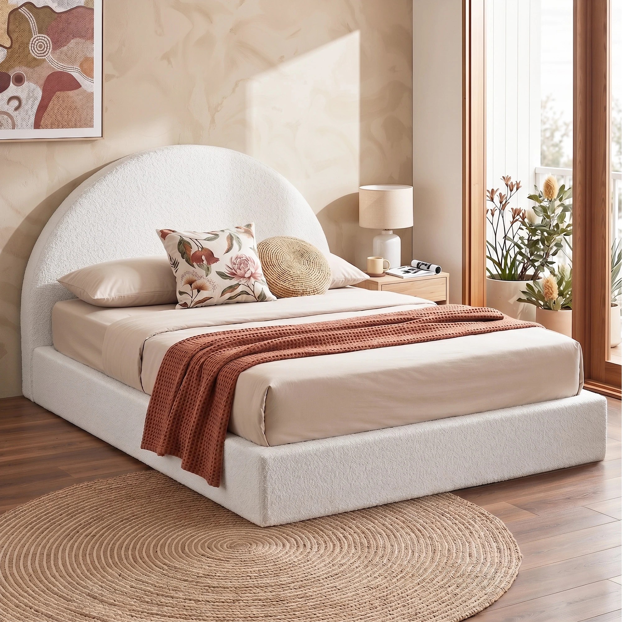9 Artiss Double Bed Frame Boucle Fabric No-Assembly Beds Vacuum Compressed Removable Washable Cover - White, 9 of 9
