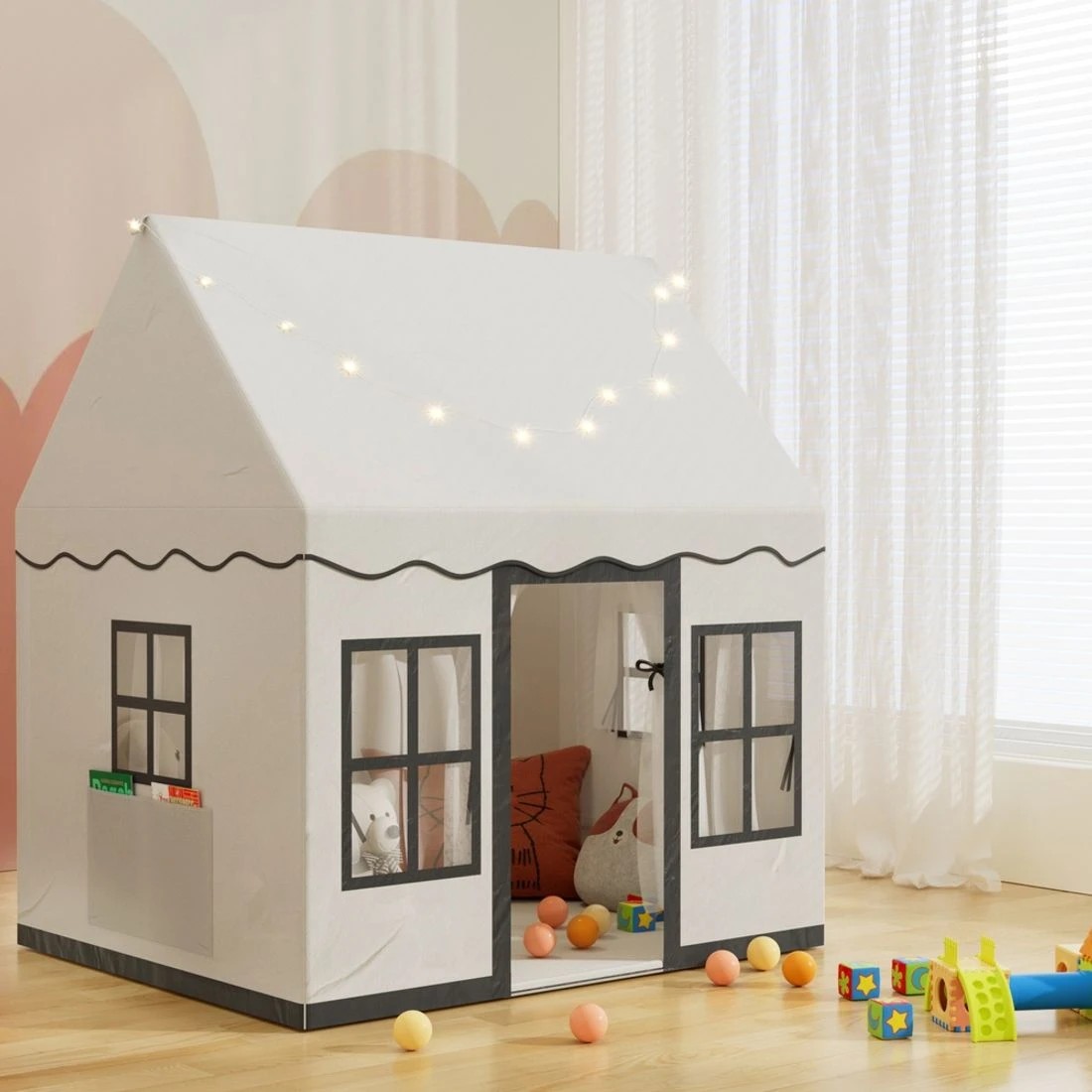 3 Keezi Kids Play Tent Playhouse Castle with String Lights Floor Mat Side Pocket - White, 3 of 5