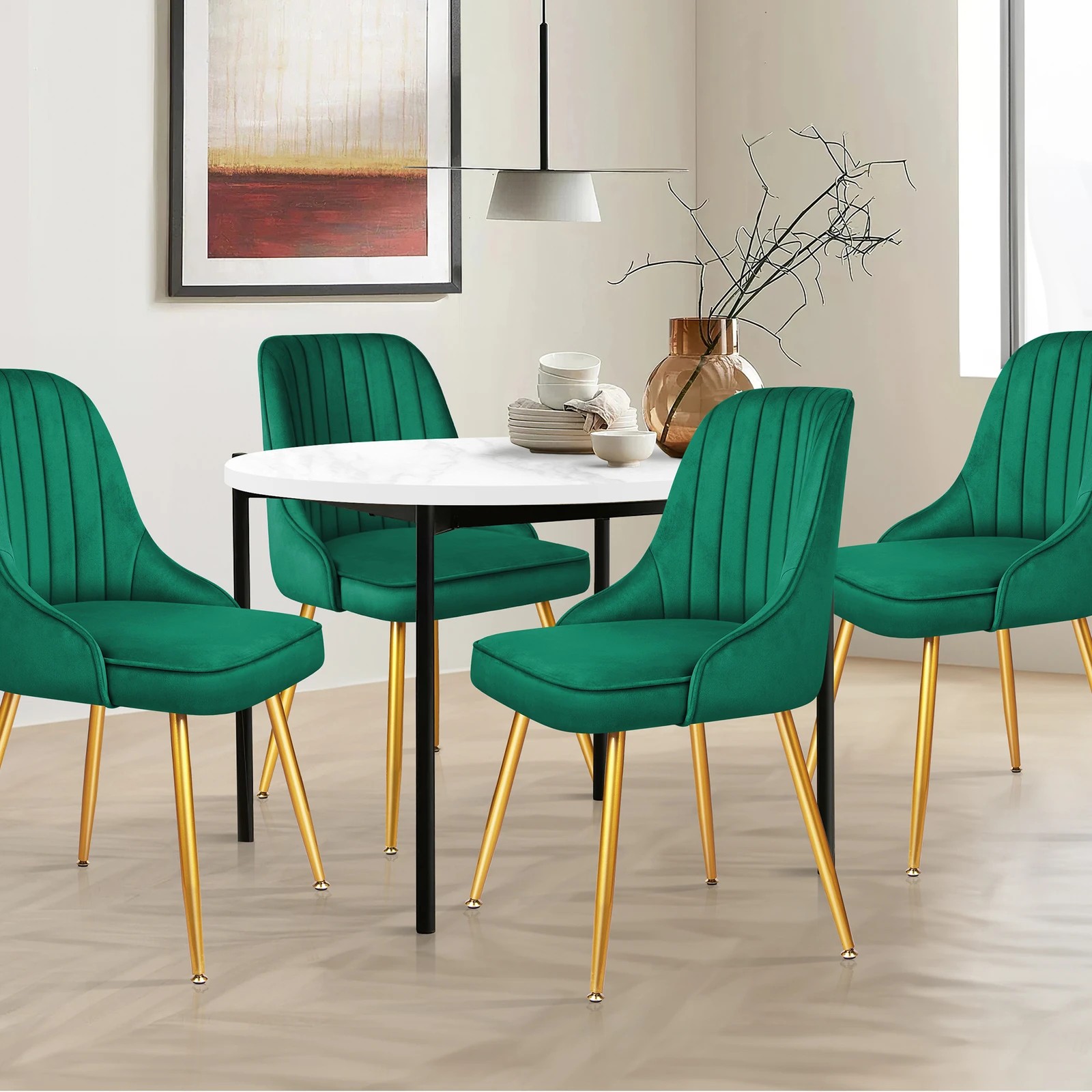 3 Alfordson 4x Dining Chairs Kitchen Accent Lounge Padded Tufted Seat Velvet - Green, 3 of 8