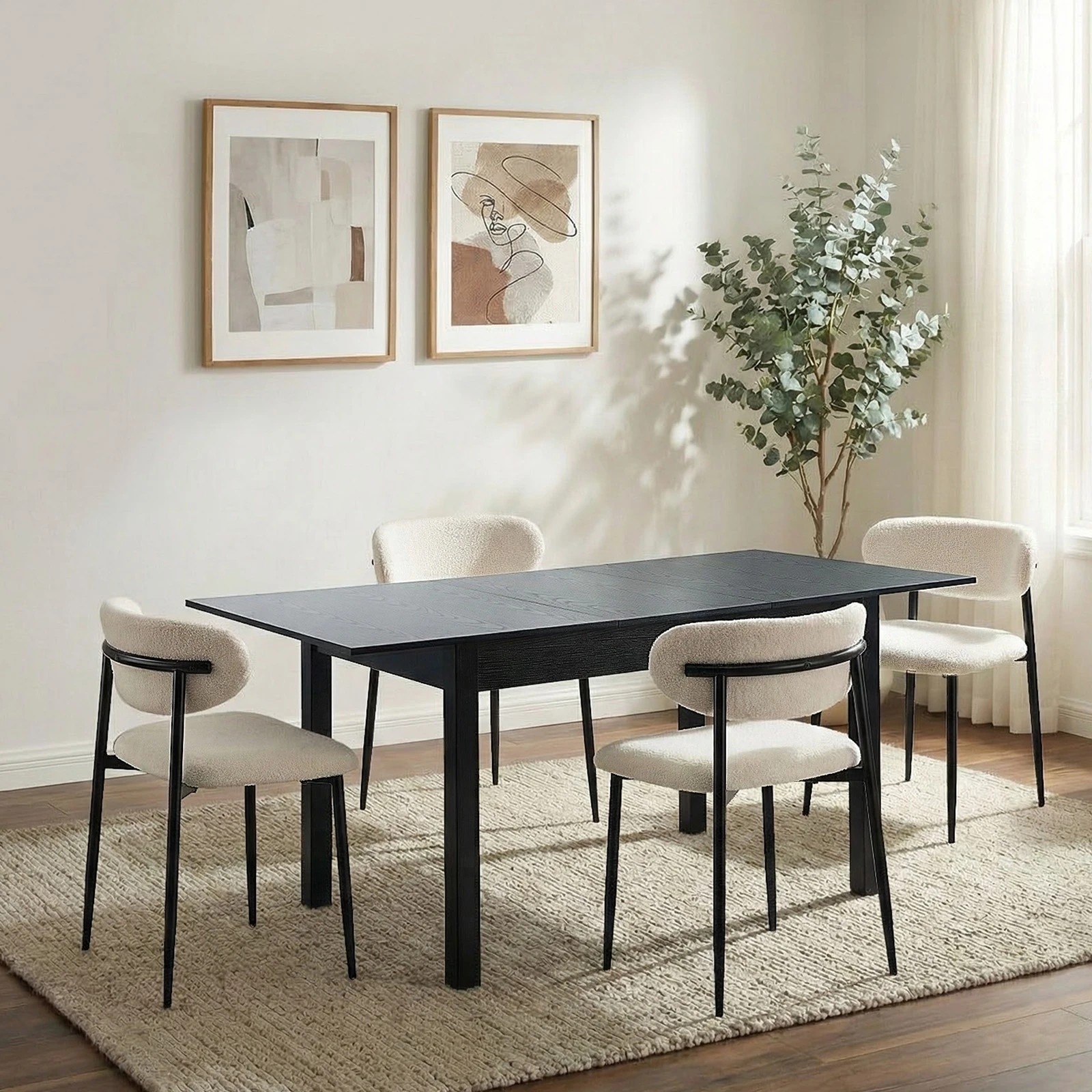 3 Oikiture 5pc Extenable Dining Table and Chairs Wooden Dining Set Boucle - Black, 3 of 9