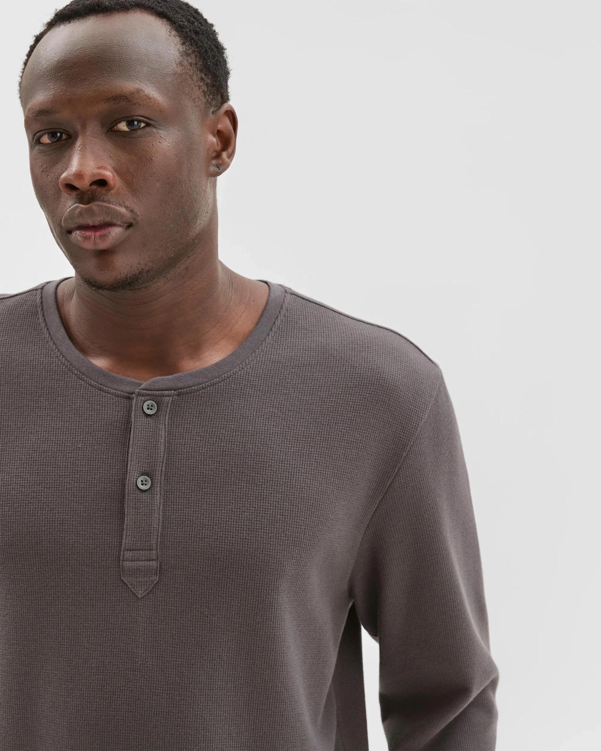 2 Maxx Australian Cotton Blend Waffle Henley Sleep Top BLACK OYSTER, 2 of 5