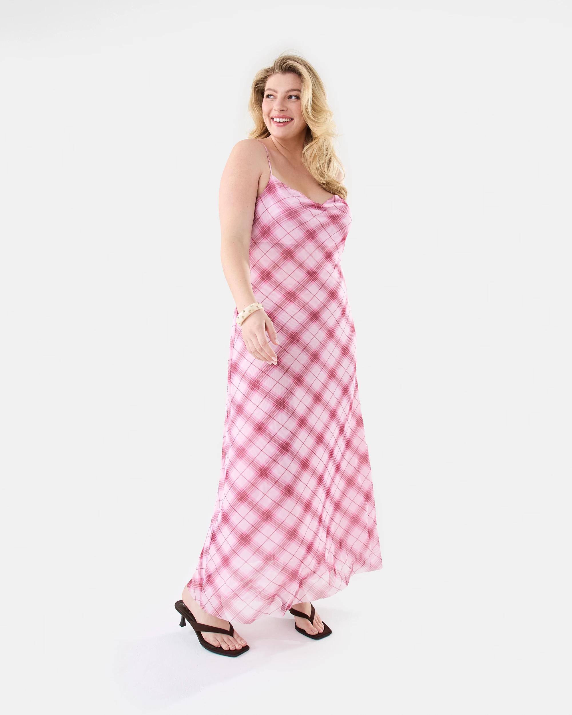 4 Sleeveless Mesh Cowl Neck Maxi Dress Pink Check, 4 of 8