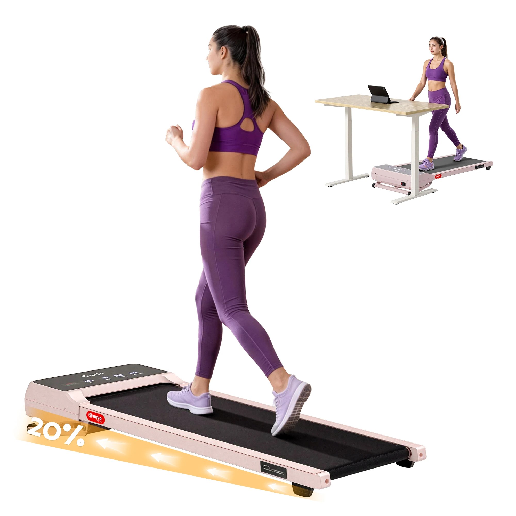 3 Everfit 3 in 1 Walking Pad Treadmill 20% Auto Incline Under Desk Treadmills for Home Gym With 40cm Wide Belt - Pink, 3 of 4